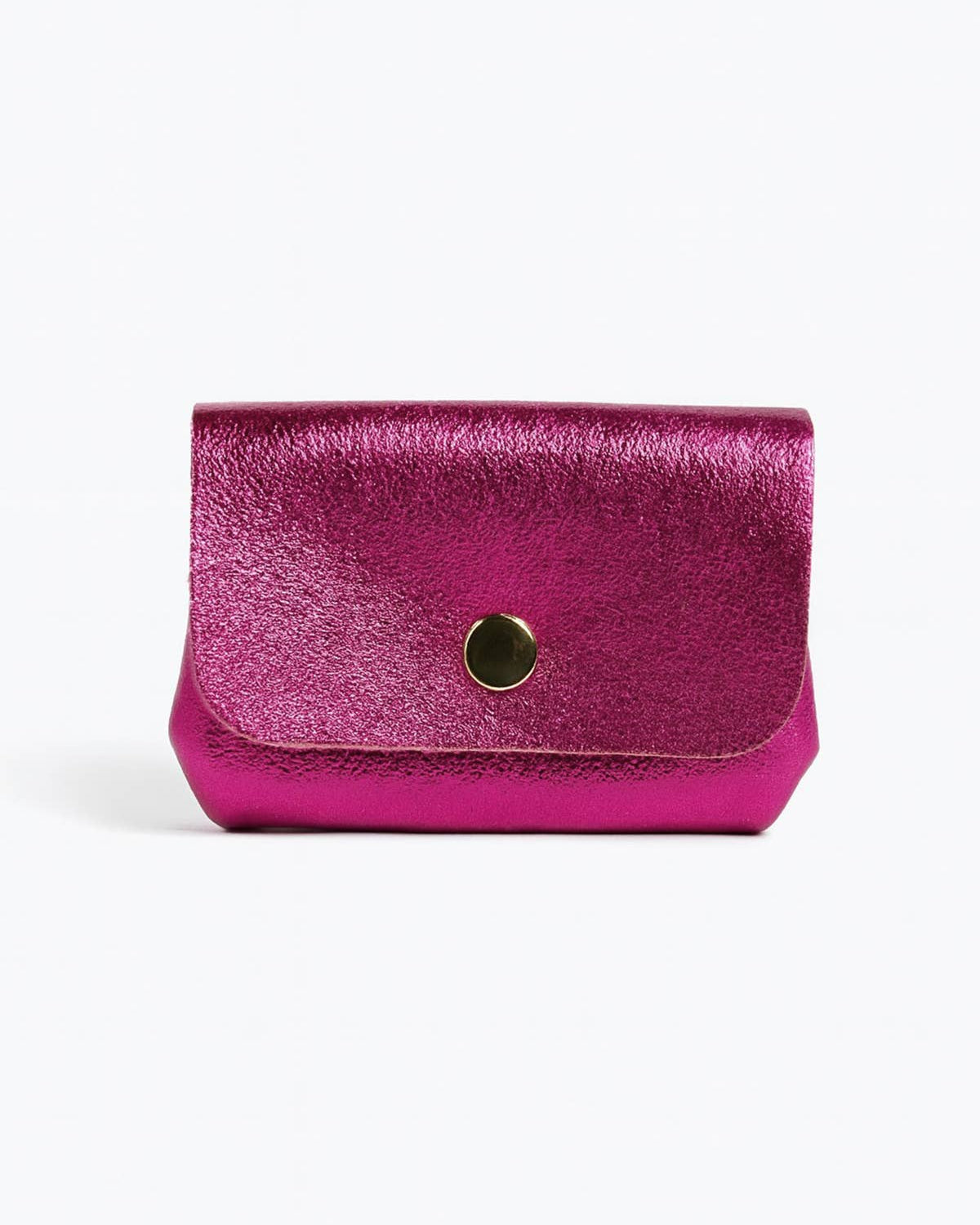 Pink metallic wallet with a gold button on a white background