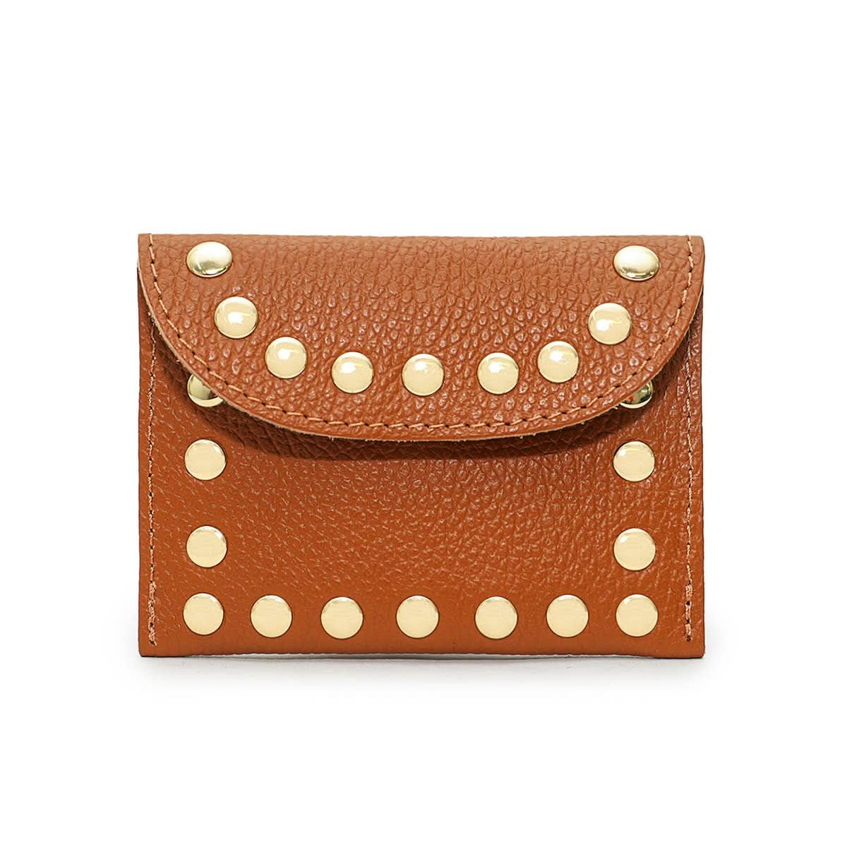 Chestnut brown flap wallet with gold embellishes outlining the wallet