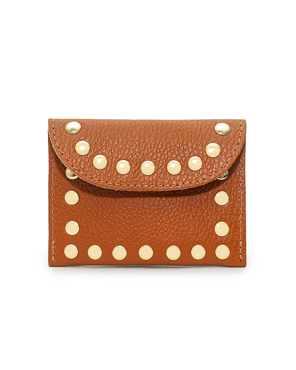 Chestnut brown flap wallet with gold embellishes outlining the wallet