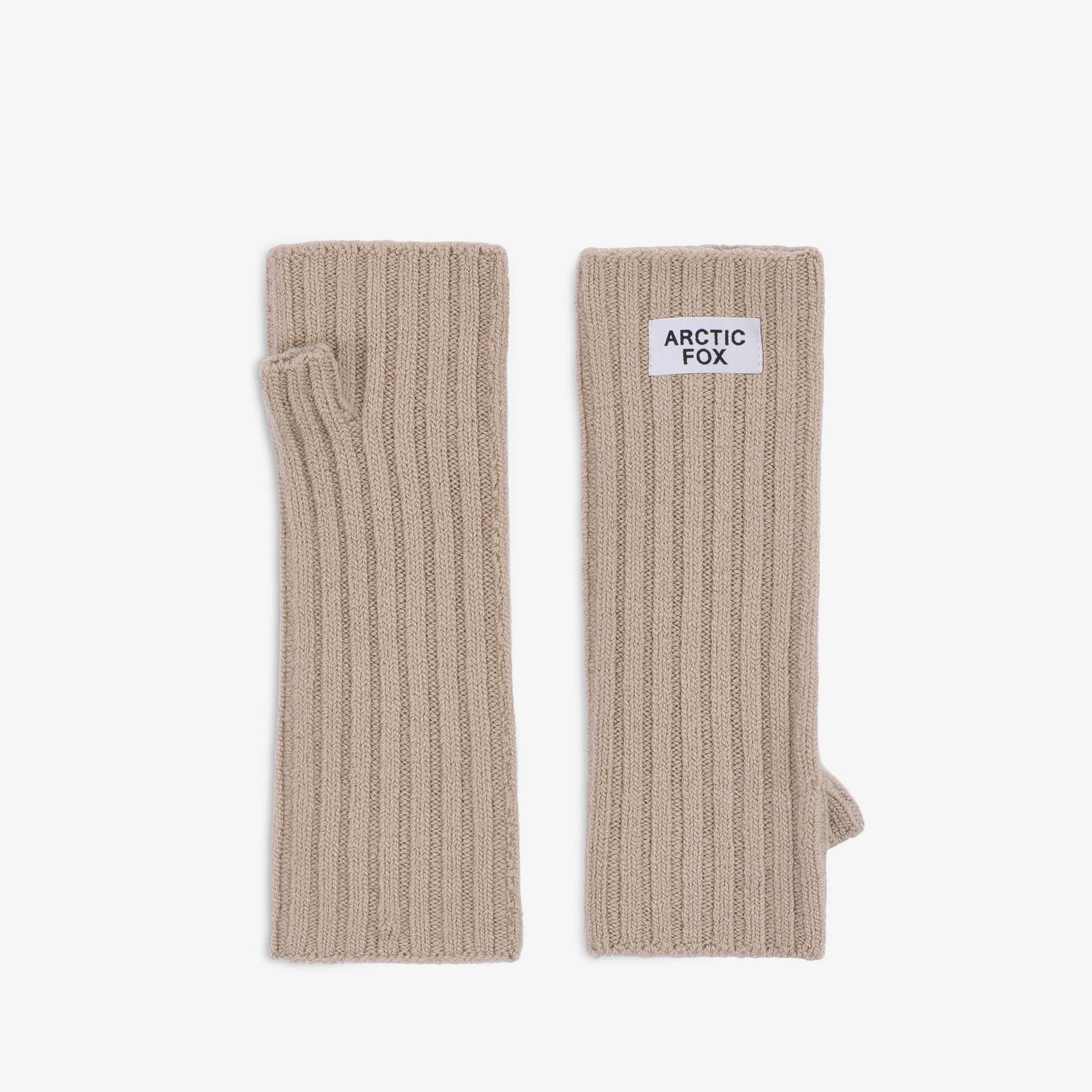 Pair of beige ribbed arm warmers with a brand label on a white background