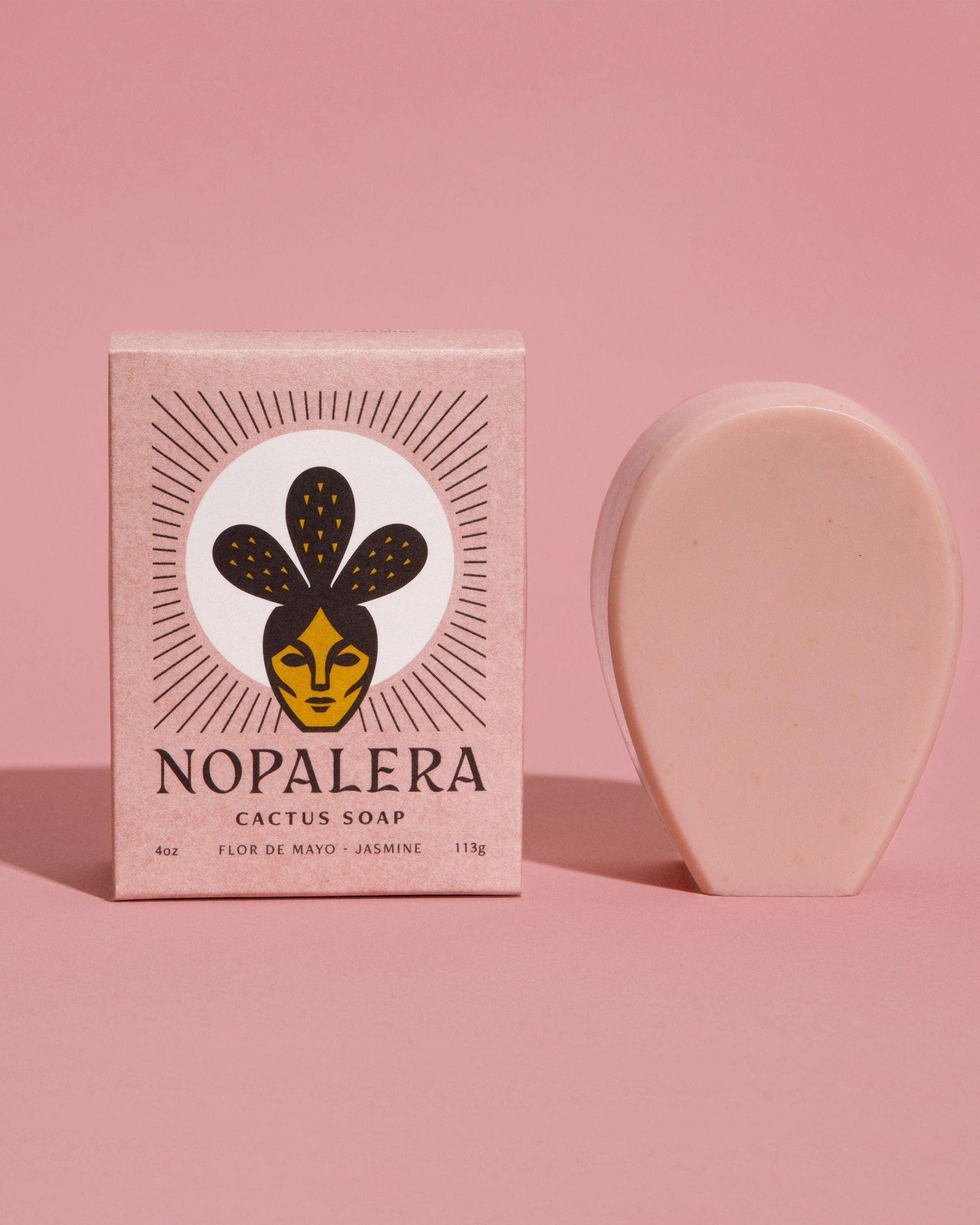 Nopalera cactus soap bar and packaging on a pink background
