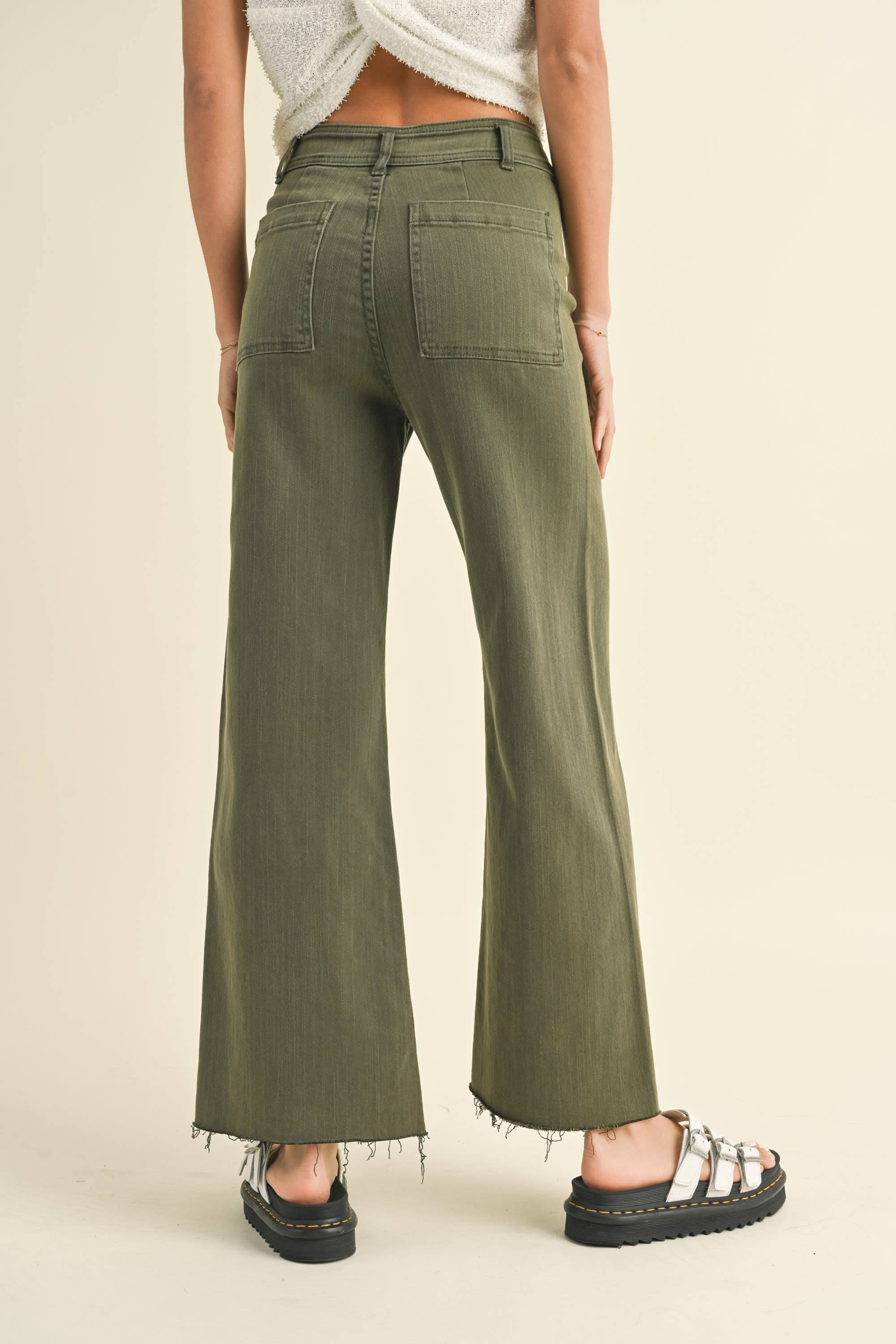 back view of green wide leg denim pants with a slight crop, classic shape and convenient back pockets.
