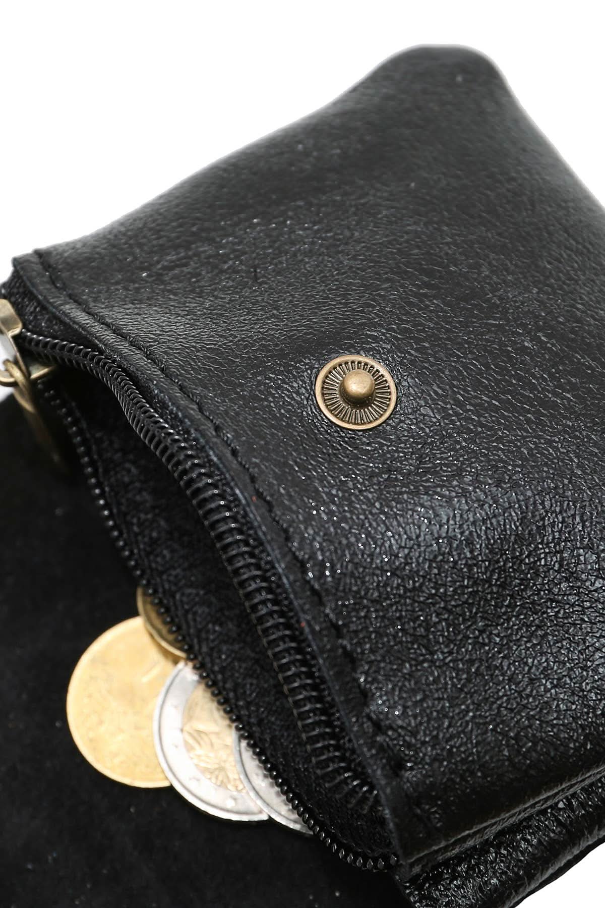Open and unzipped view of Small black metal wallet with over flap, gold button clasp
