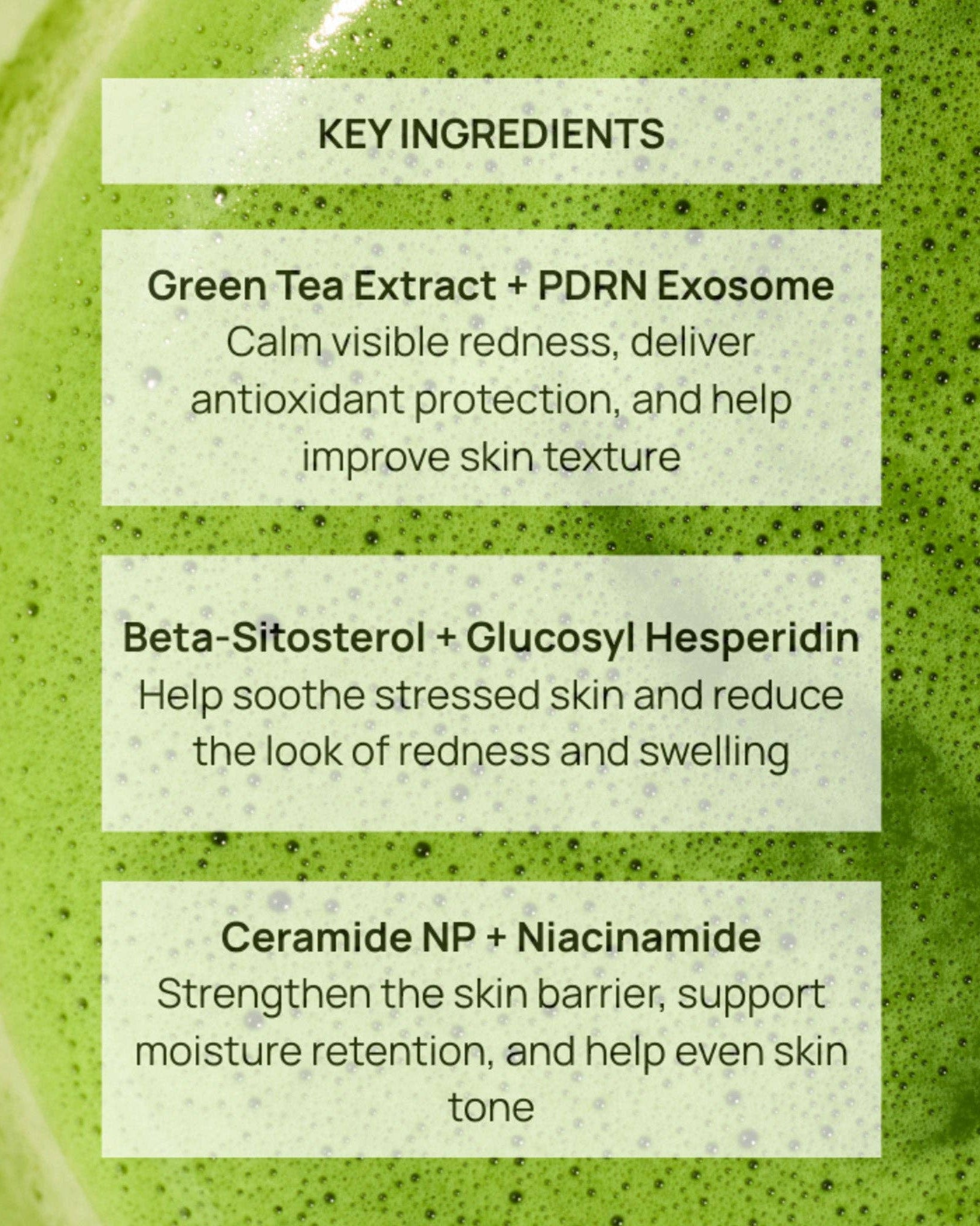 Product packaging with key ingredients listed on a green background