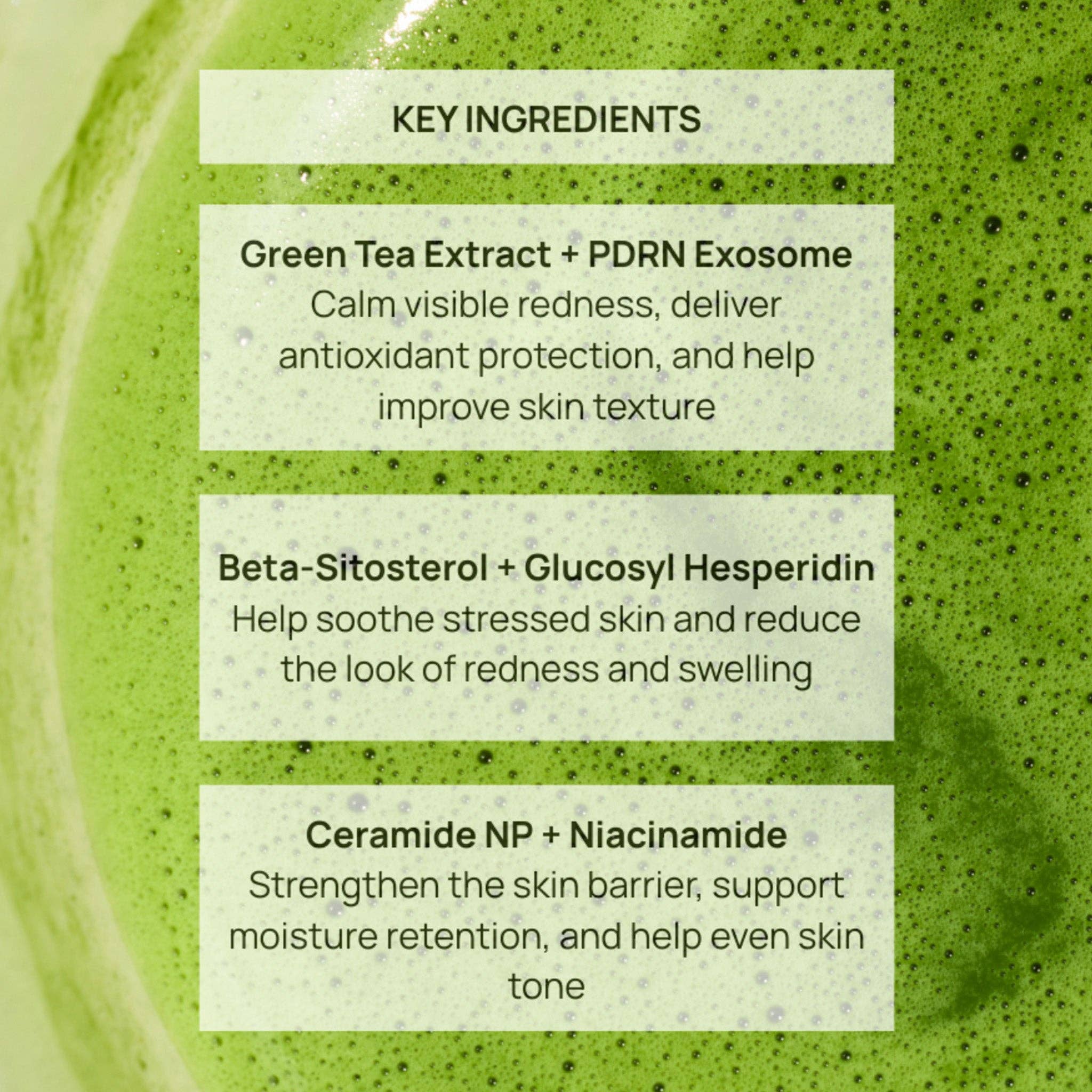 Product packaging with key ingredients listed on a green background