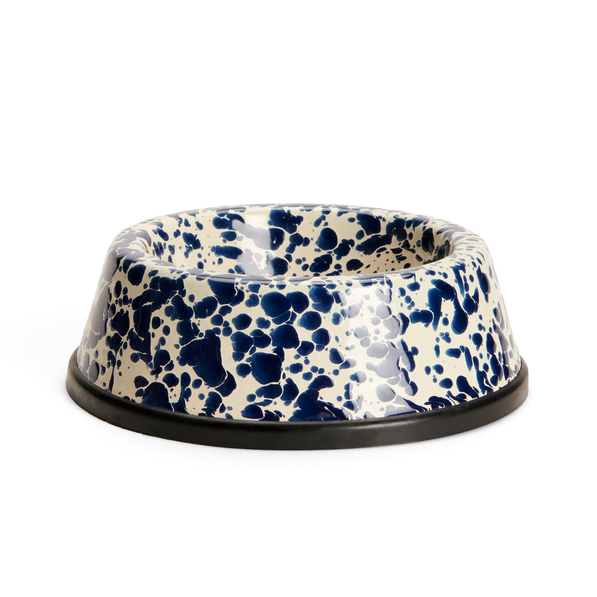 Speckled blue and white pet bowl on a white background