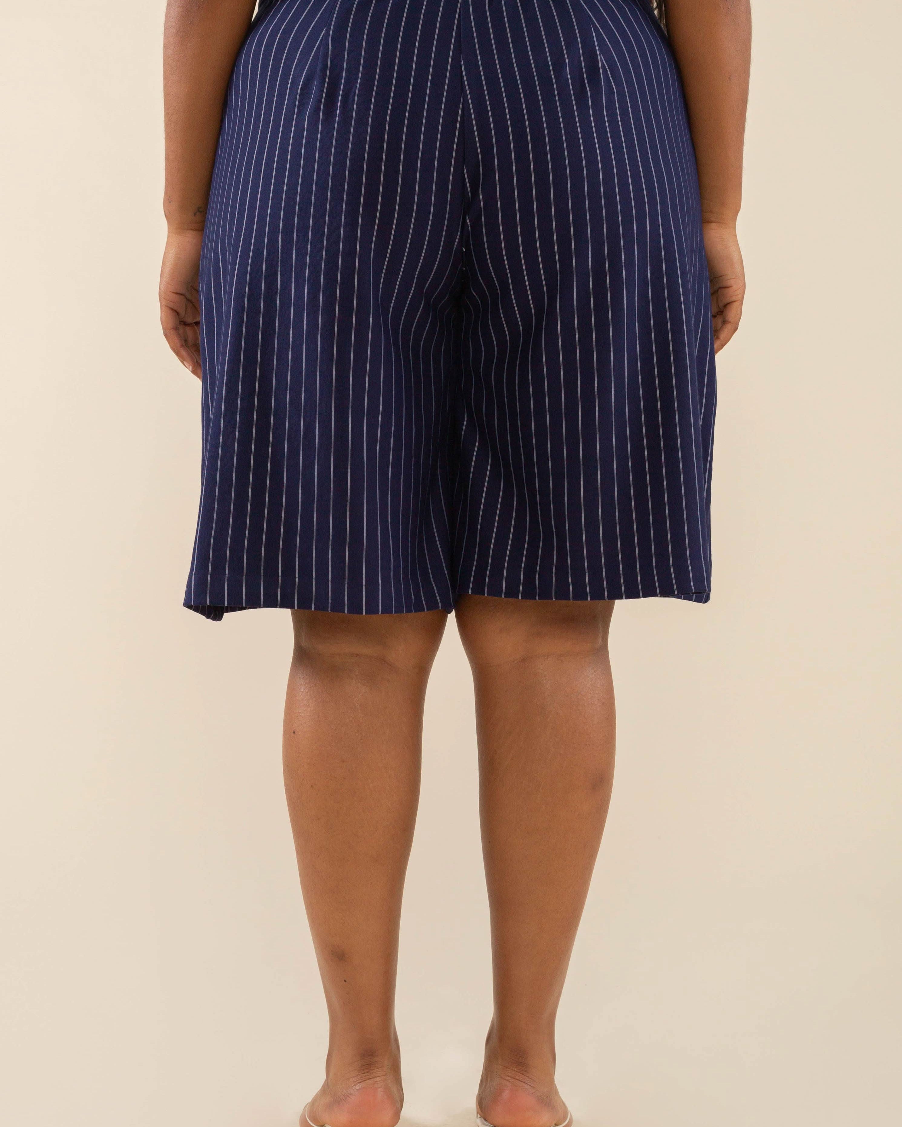 Noah pinstripe long shorts in navy with ivory vertical stripes, high waist