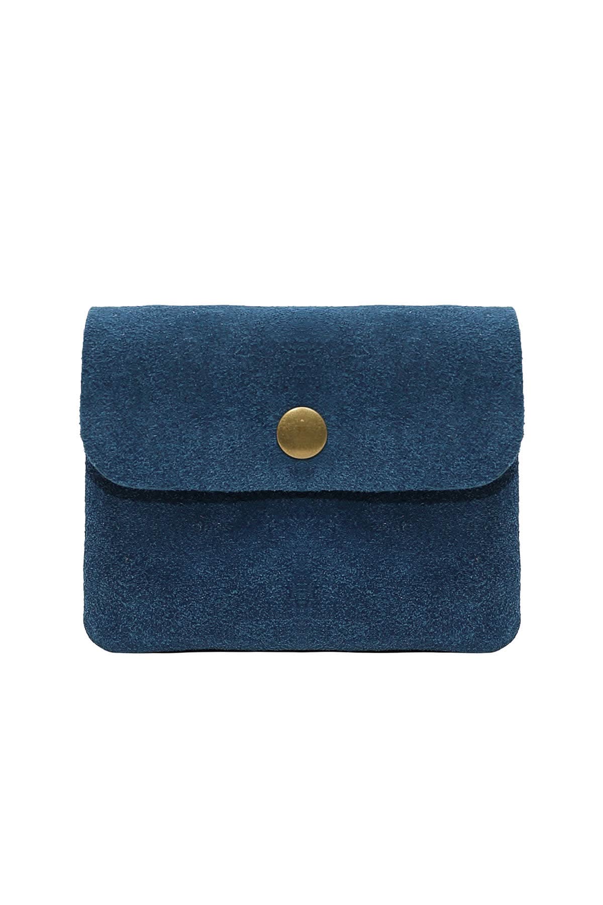 Blue Rough suede material leather wallet with flap and button clasp