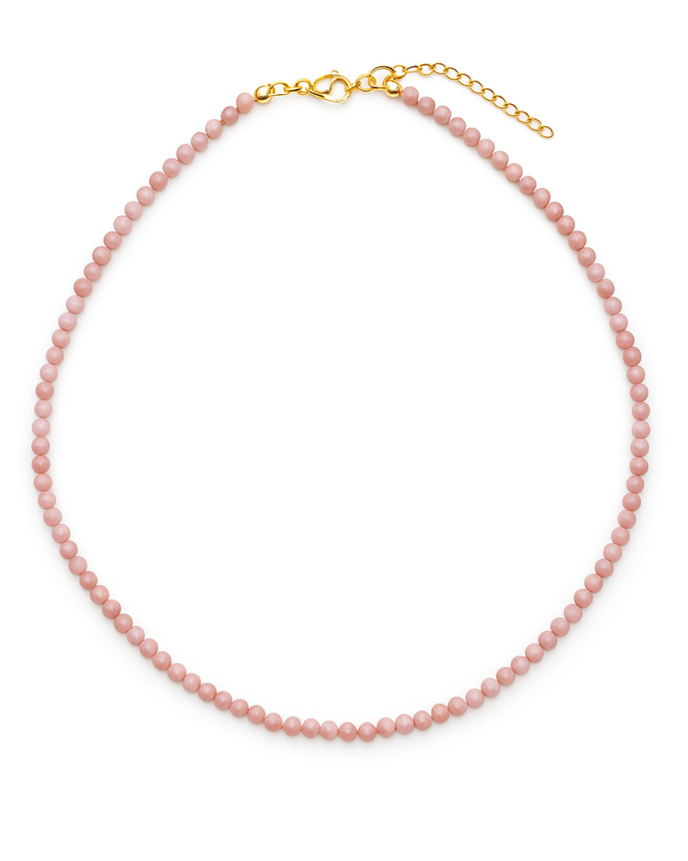 Pink beaded necklace with a gold clasp on a white background