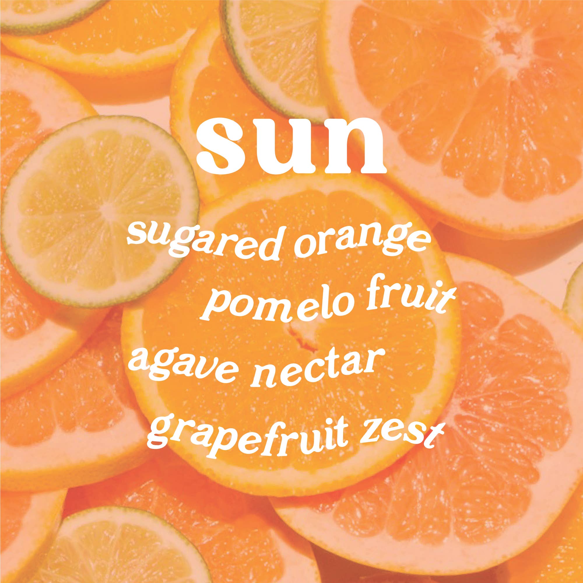 Sliced oranges with text overlay on a bright orange background