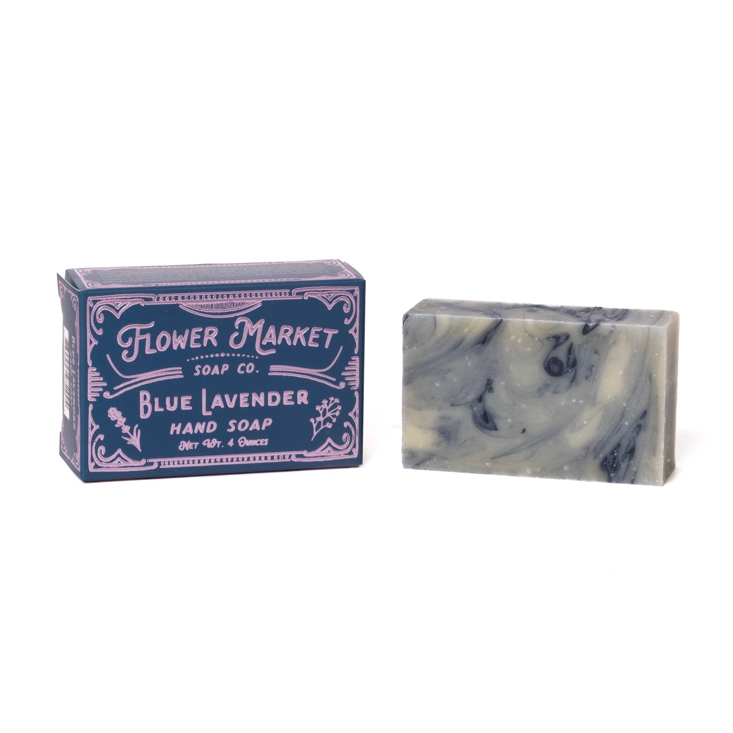 Blue Lavender hand soap from Flower Market Soap Co. with packaging on a white background
