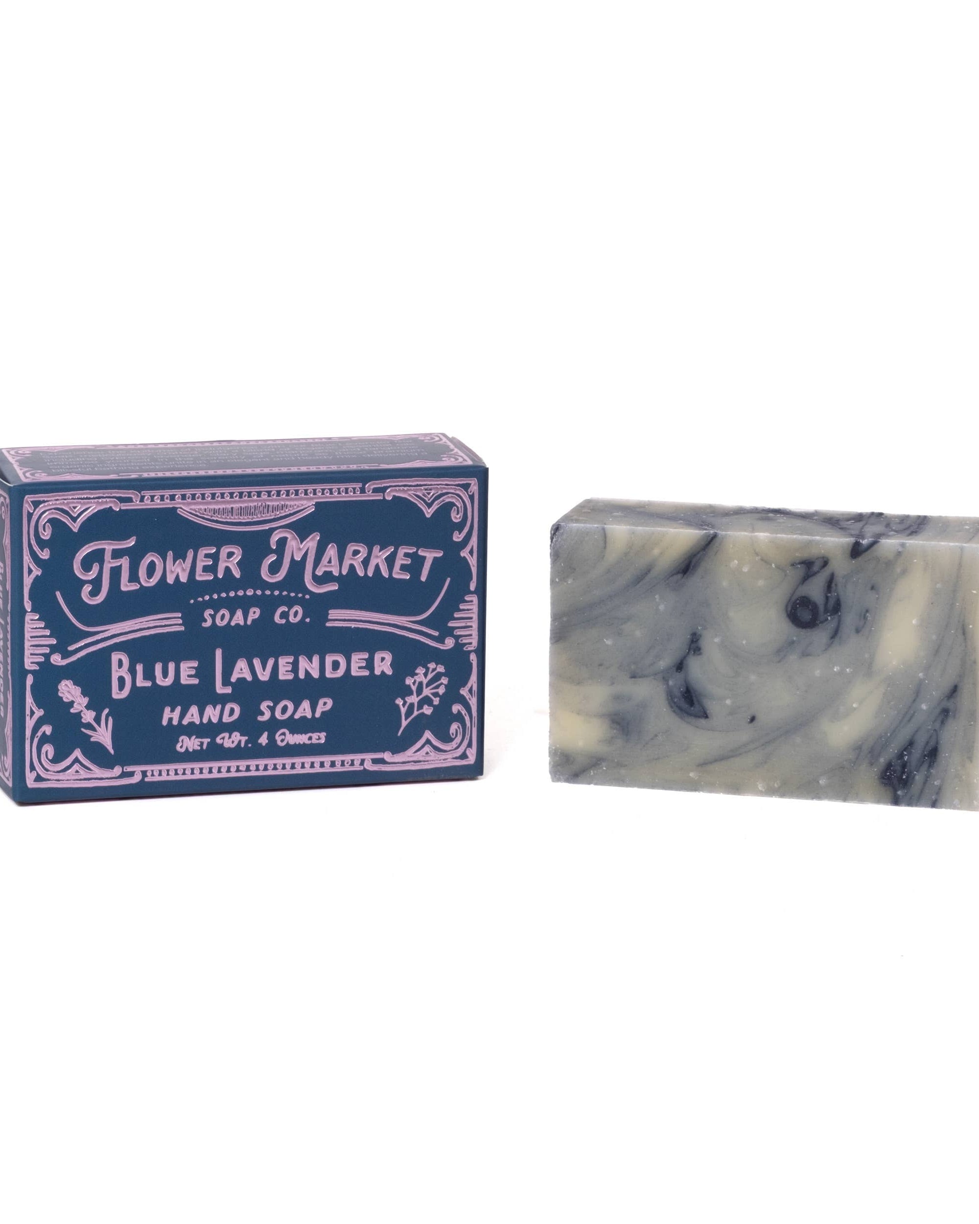 Blue Lavender hand soap from Flower Market Soap Co. with packaging on a white background