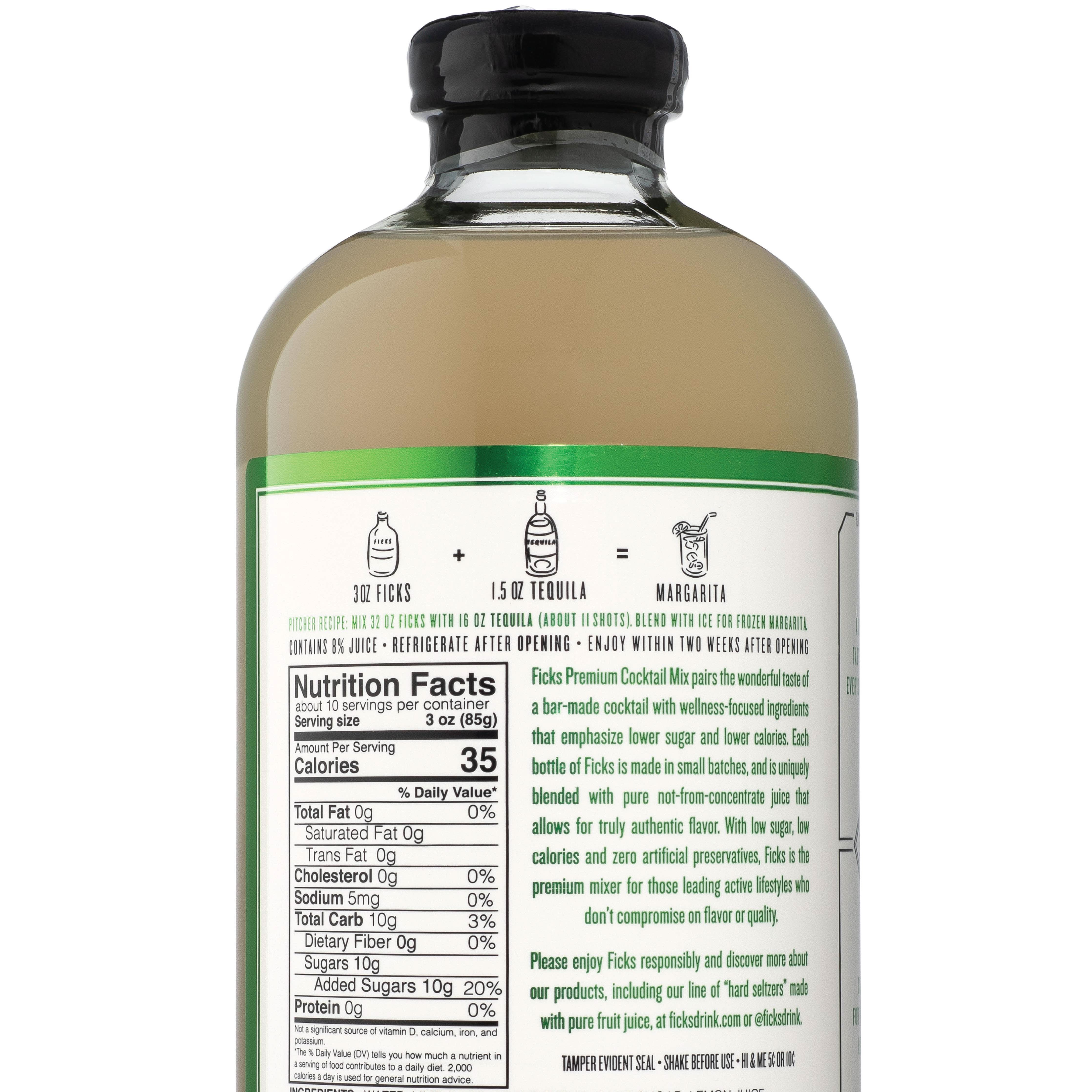 Glass bottle containing cocktail liquid, bottle turned backward to show ingredients. Plain white background