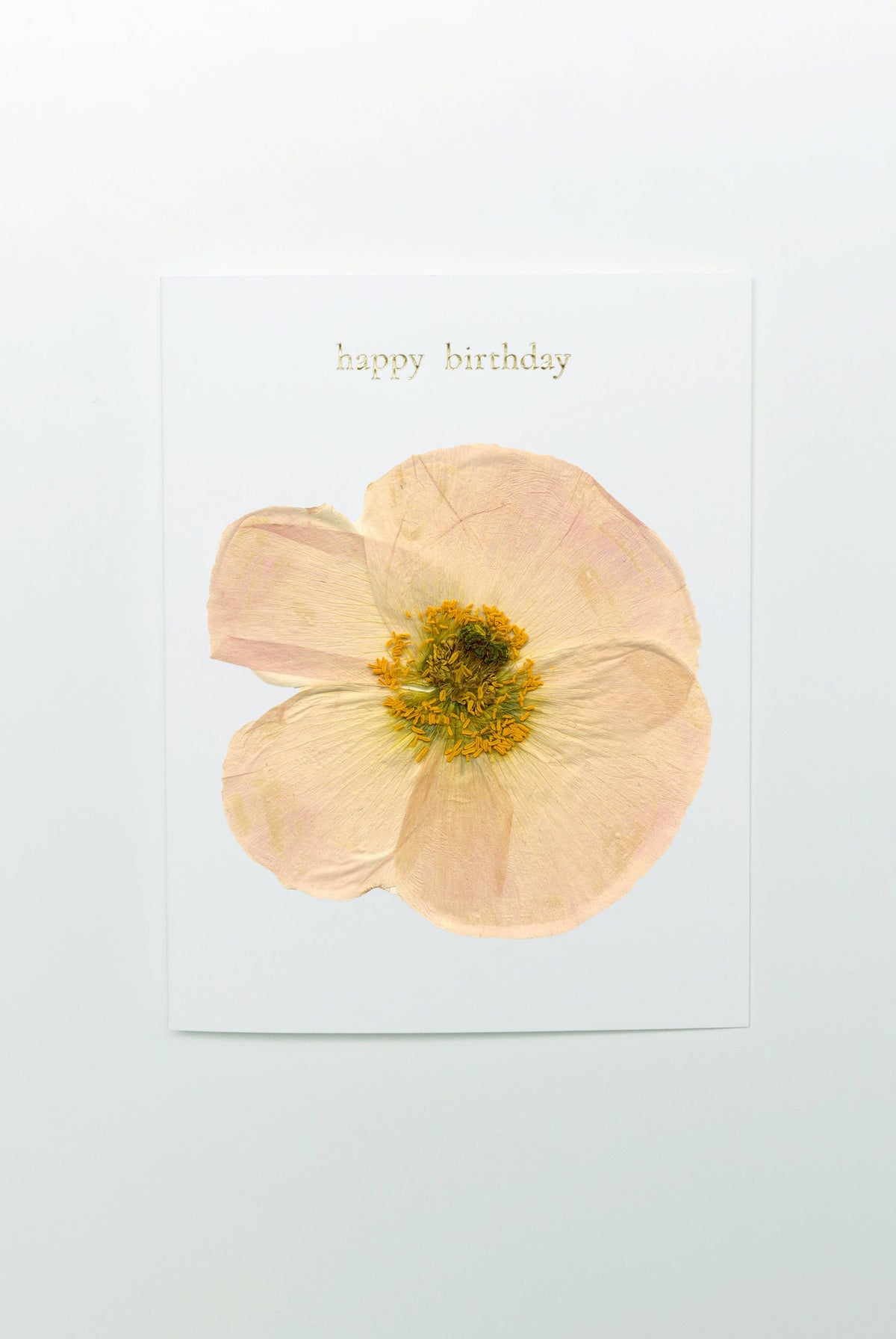 A square white greeting card with the words 'happy birthday' in small gold lettering at the top and a large pale peach pressed flower centered below, shown on a light gray background.