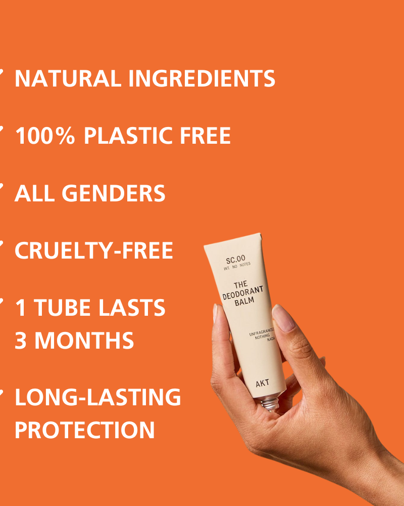 Hand holding beige deodorant balm tube with product highlights listed
