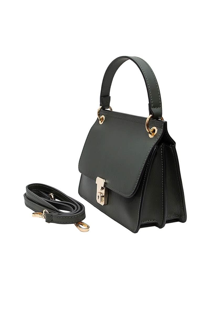 Black handbag with a strap on a white background