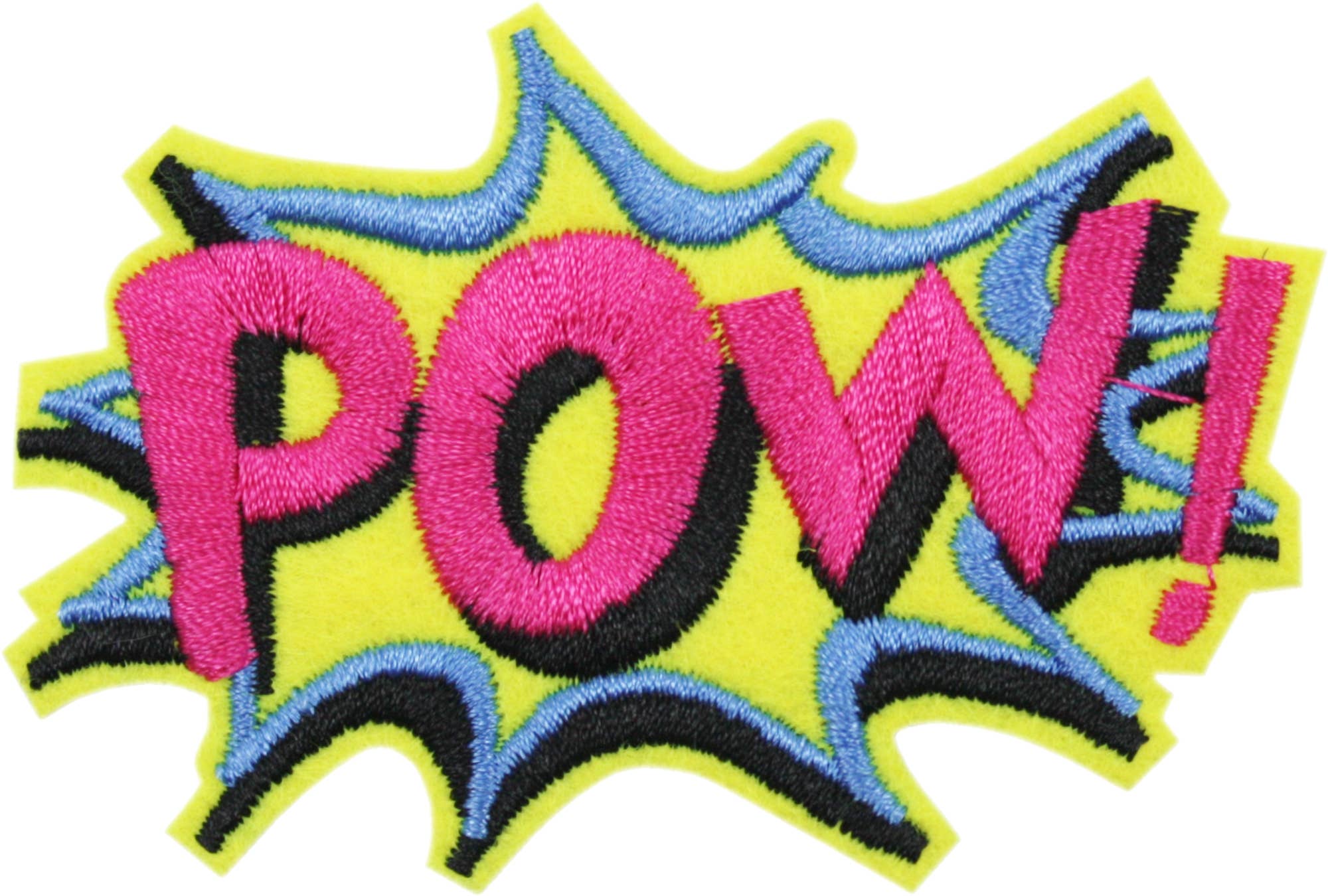 Embroidered patch with 'POW!' text on a colorful background