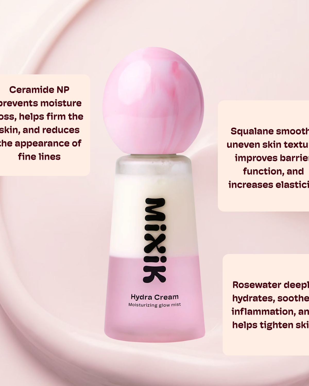 Pink and white skincare product with text about ingredients on a light pink background
