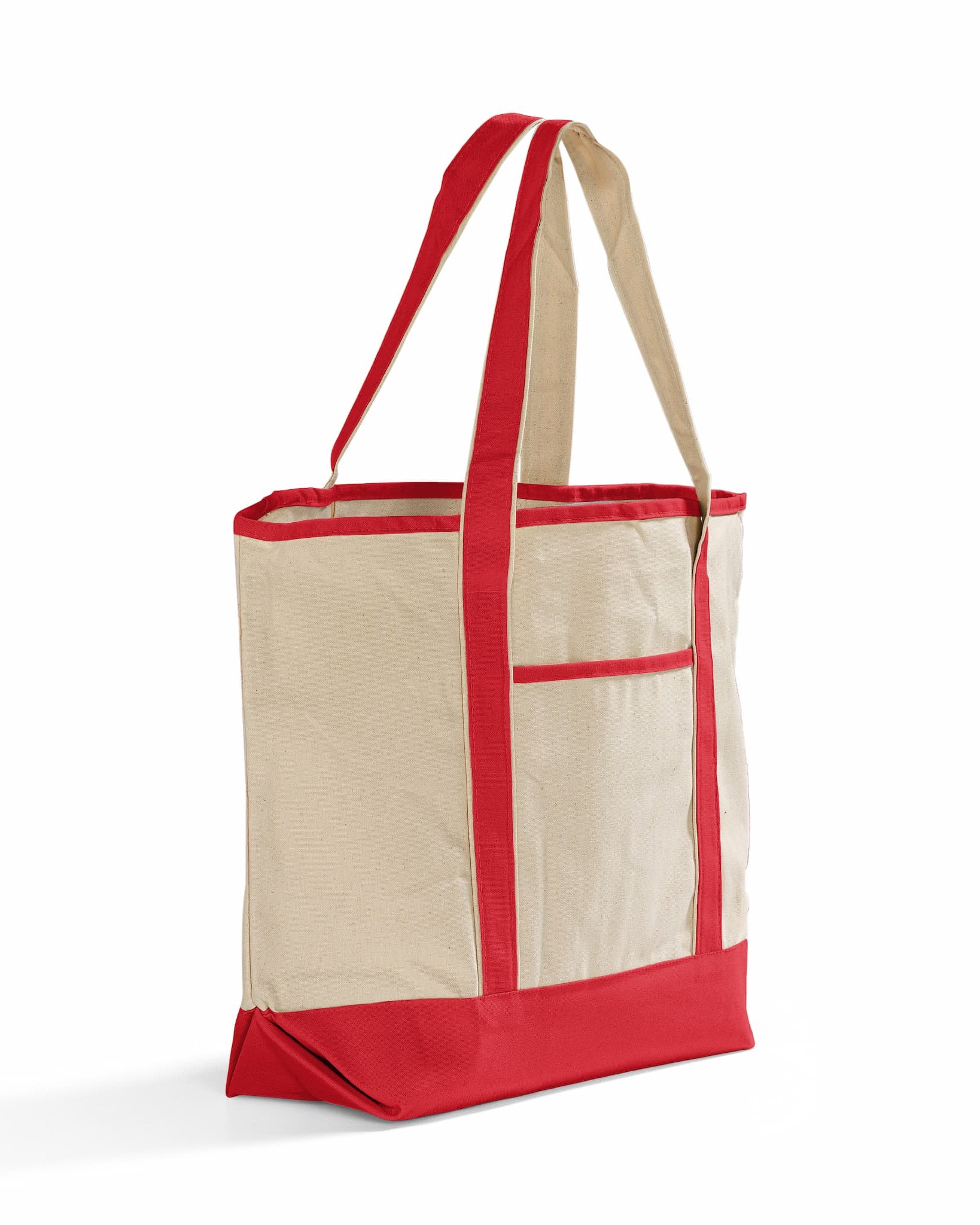 Beige and red tote bag on a white background