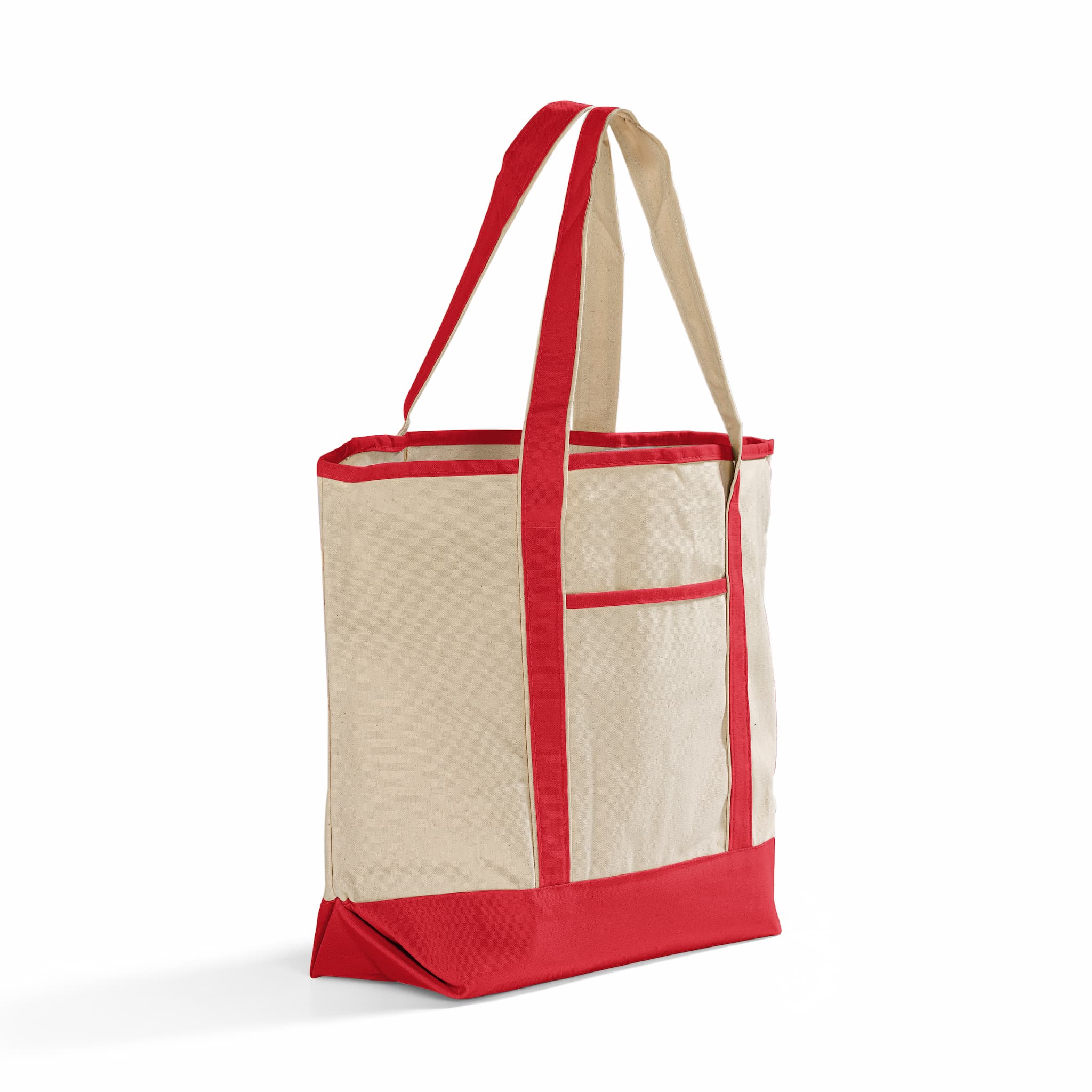 Beige and red tote bag on a white background