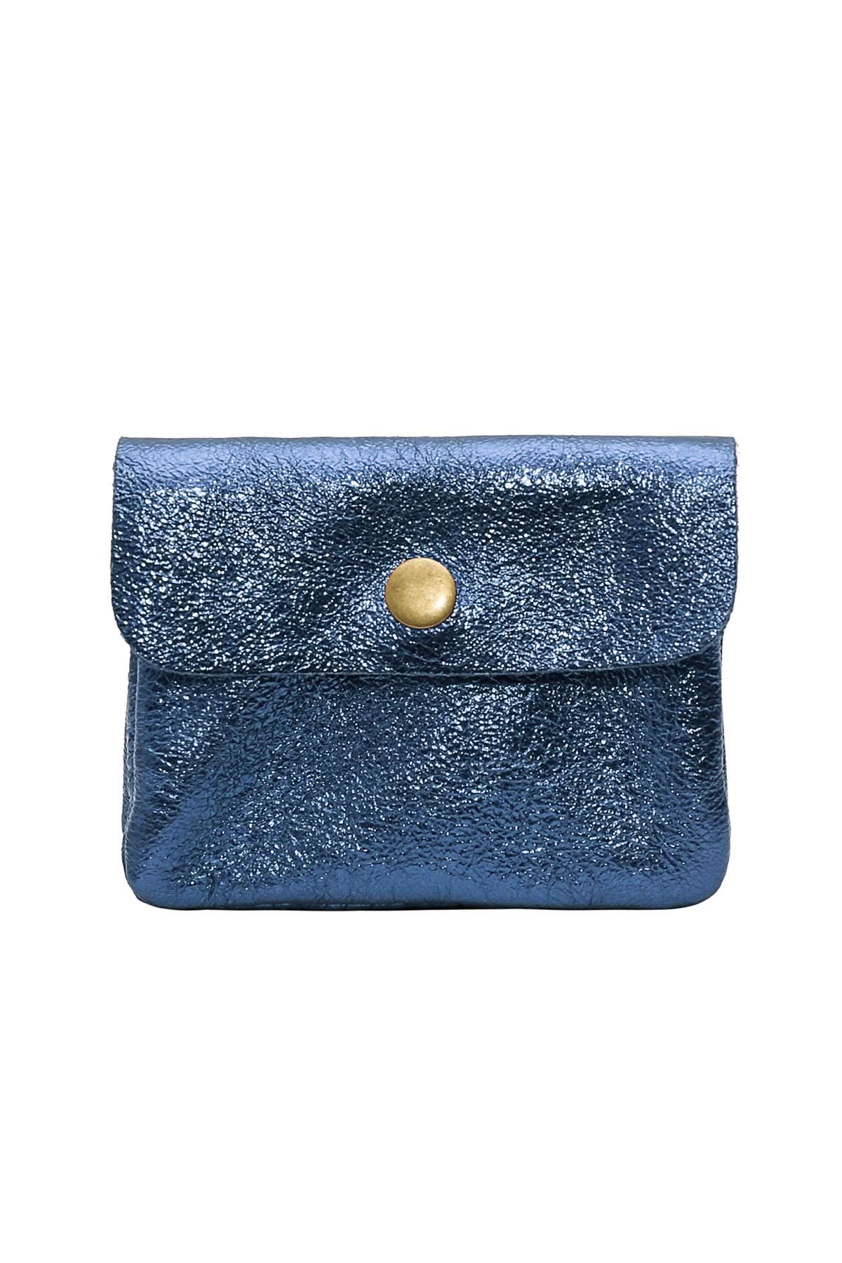 Small blue metal wallet with over flap and gold button clasp