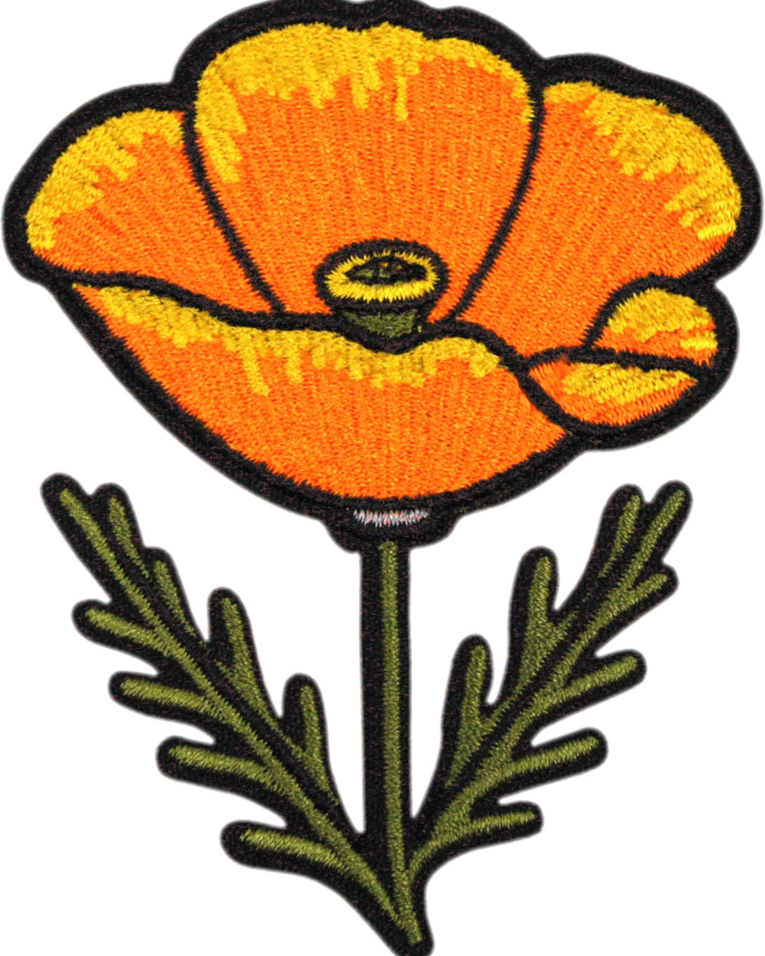 Embroidered patch of an orange flower with green leaves on a white background