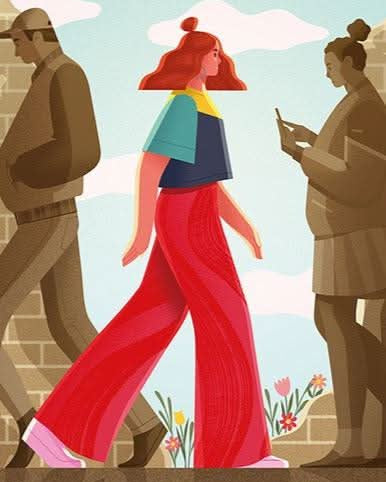 Illustration of a woman in a colorful outfit walking past two people on a street.