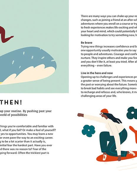 Page from a book or magazine with illustrations of people and text on a light blue background