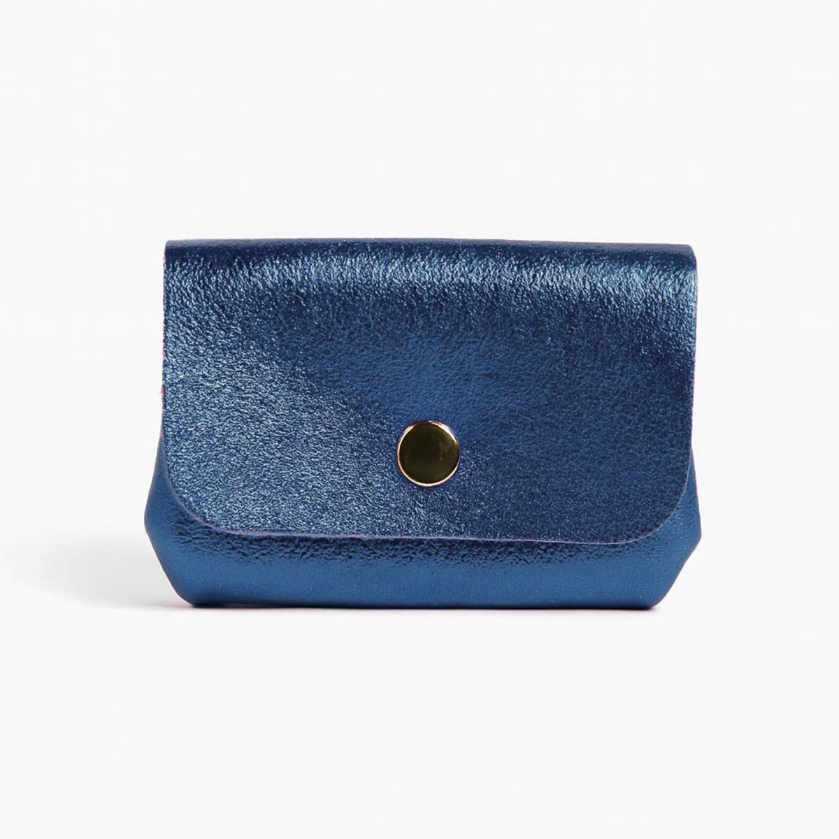 Blue leather wallet with a gold button on a white background