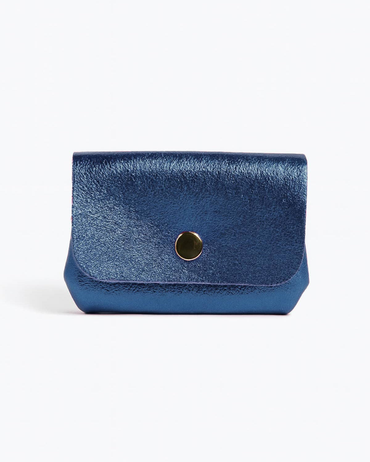 Blue leather wallet with a gold button on a white background