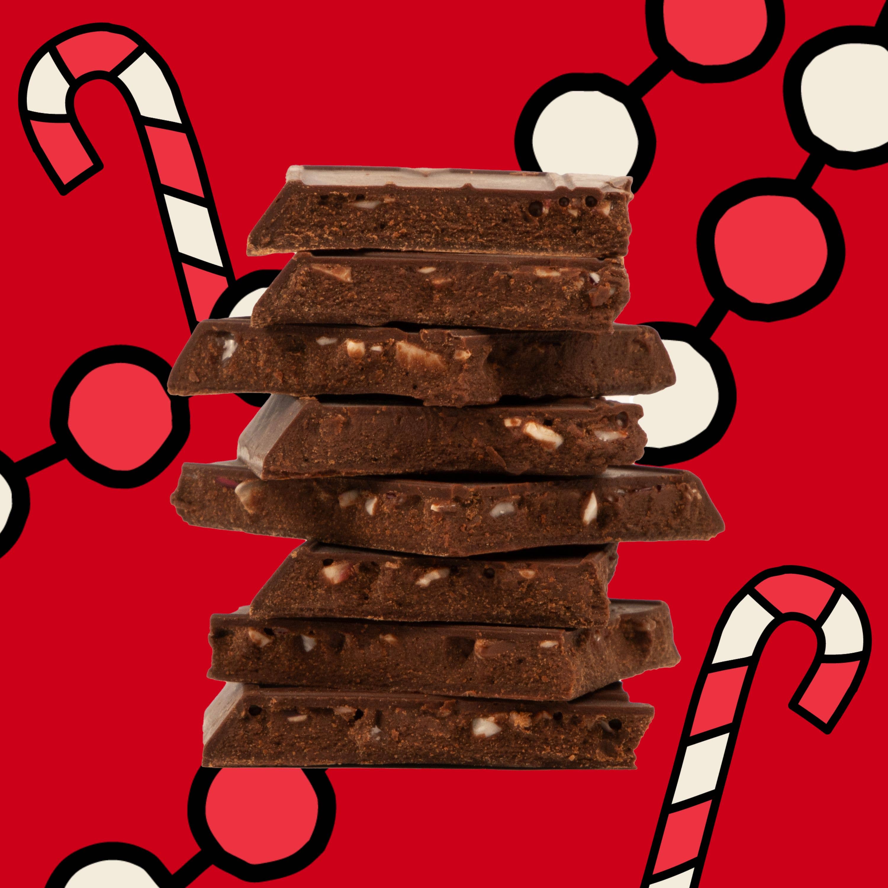 Stack of chocolate bars on a red background with candy cane illustrations