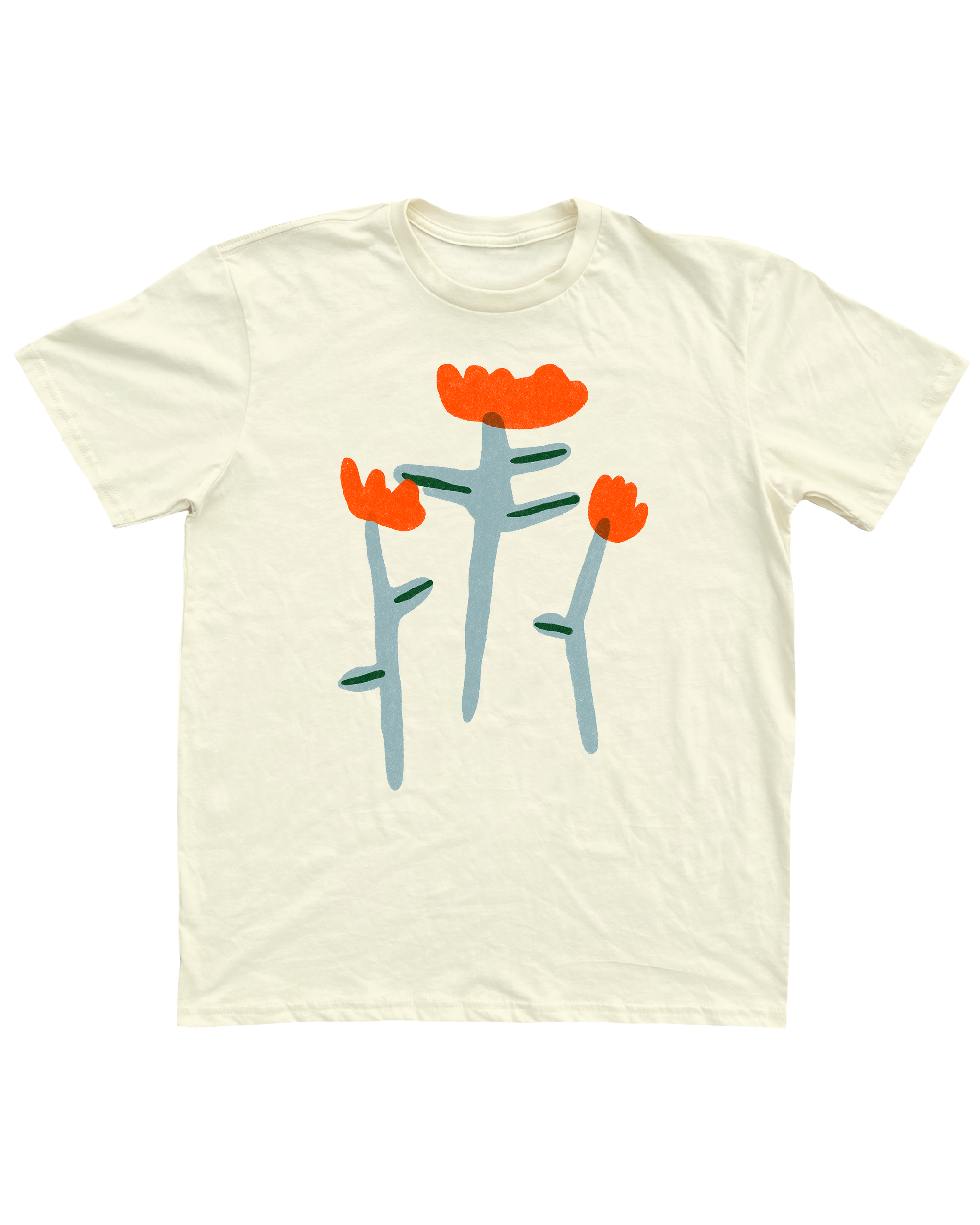 Cream white Tshirt tee with three red tulip doodles on the Tshirt