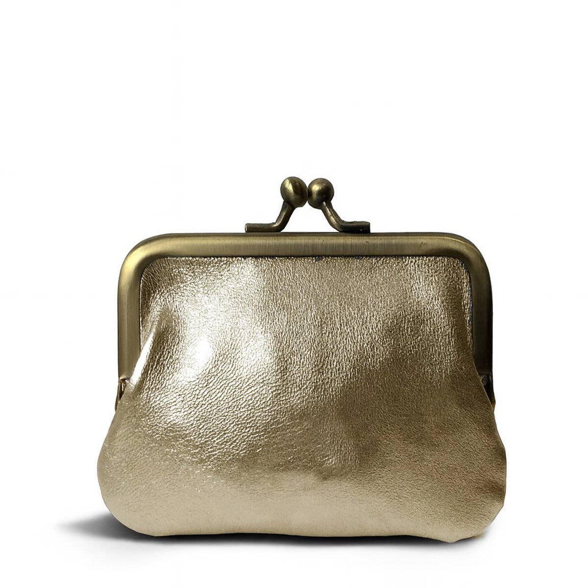 A metallic gold kiss-lock clutch bag with a textured leather-like finish and antique bronze metal frame, shown on a plain white background.