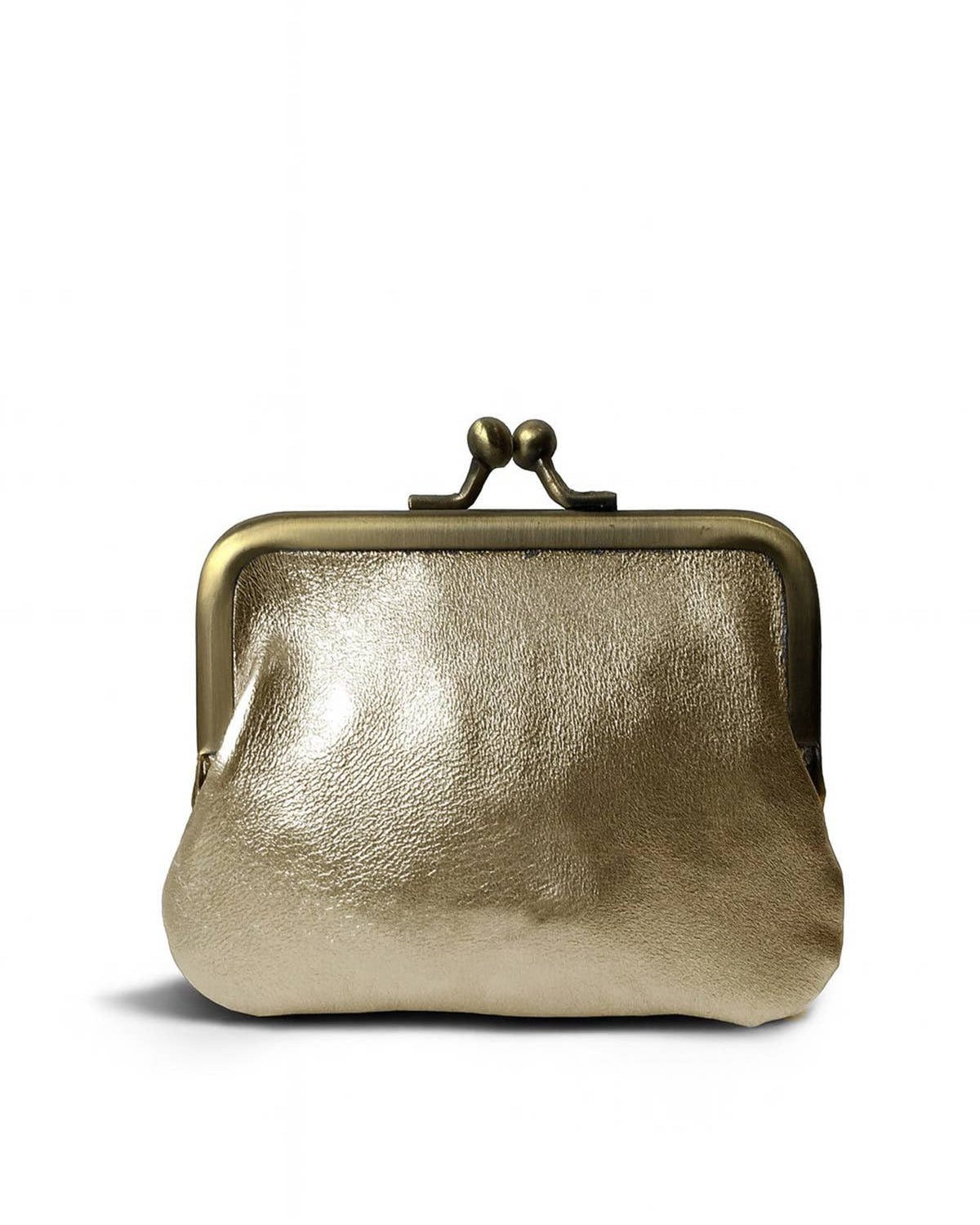 A metallic gold kiss-lock clutch bag with a textured leather-like finish and antique bronze metal frame, shown on a plain white background.