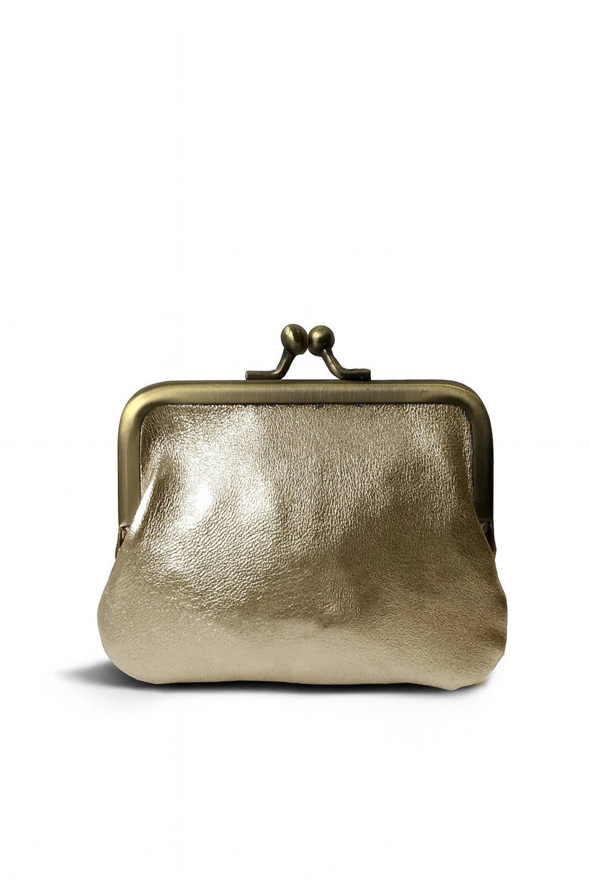 A metallic gold kiss-lock clutch bag with a textured leather-like finish and antique bronze metal frame, shown on a plain white background.