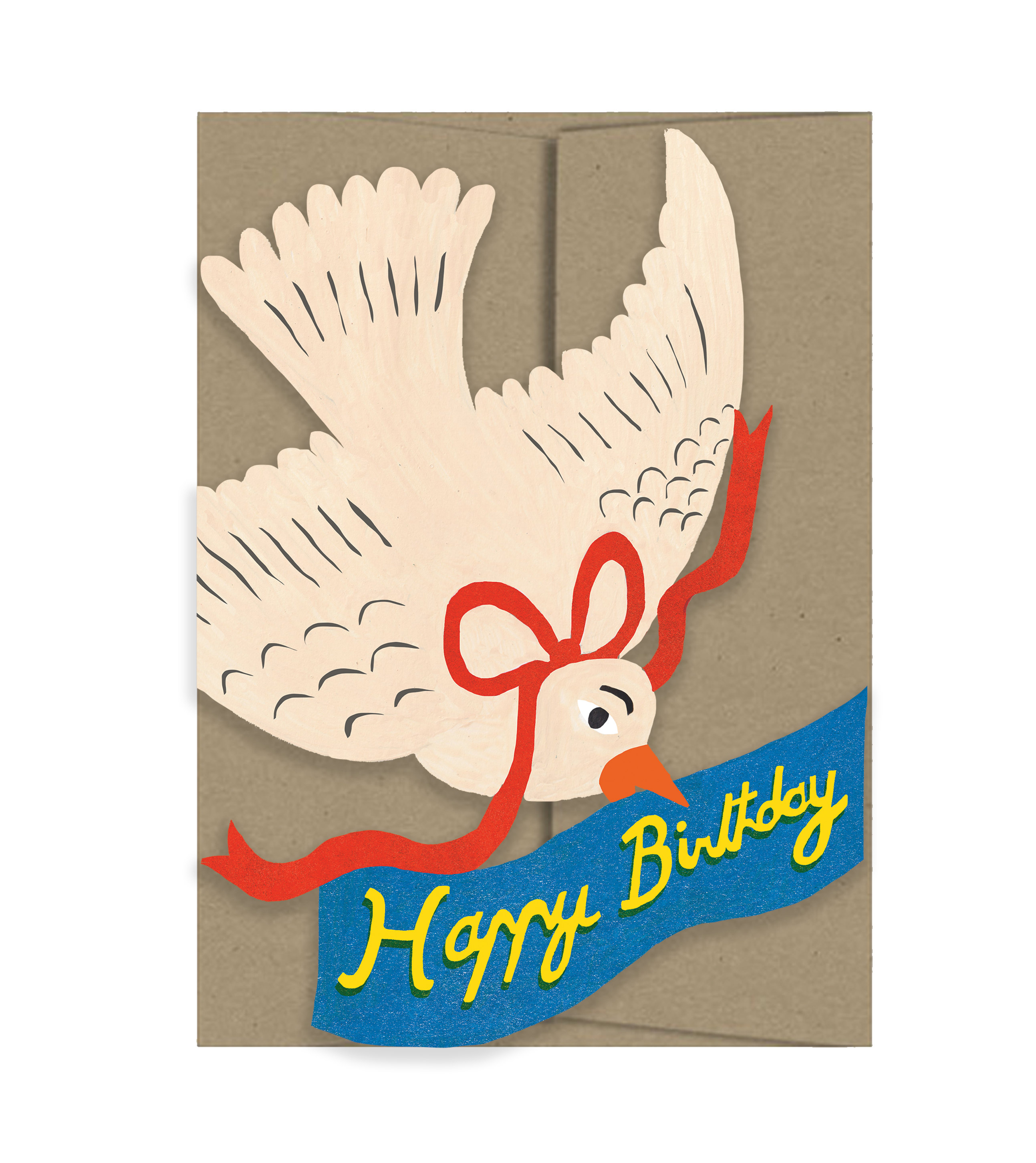 Greeting card with a dove holding a 'Happy Birthday' banner on a brown background