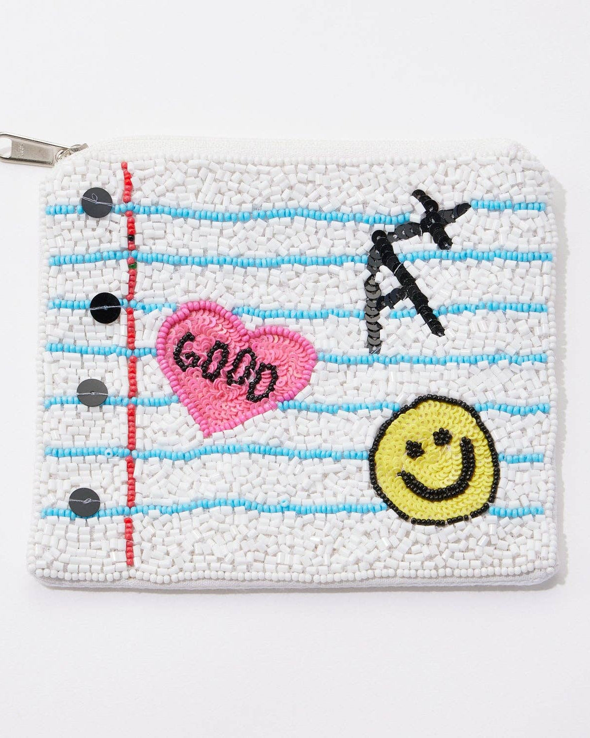 Embroidered pouch with an A plus, heart, and smiley face