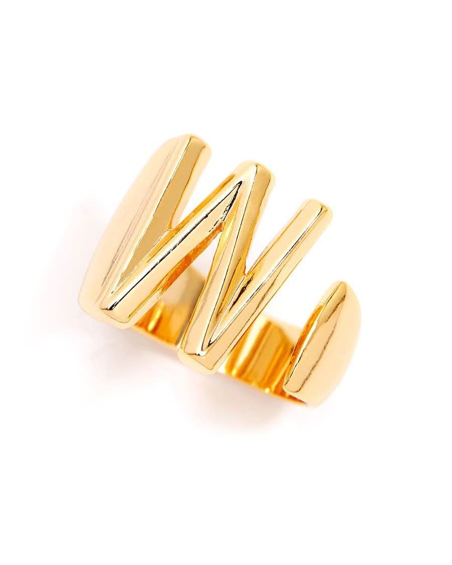 Gold adjustable letter ring on white background in letter W