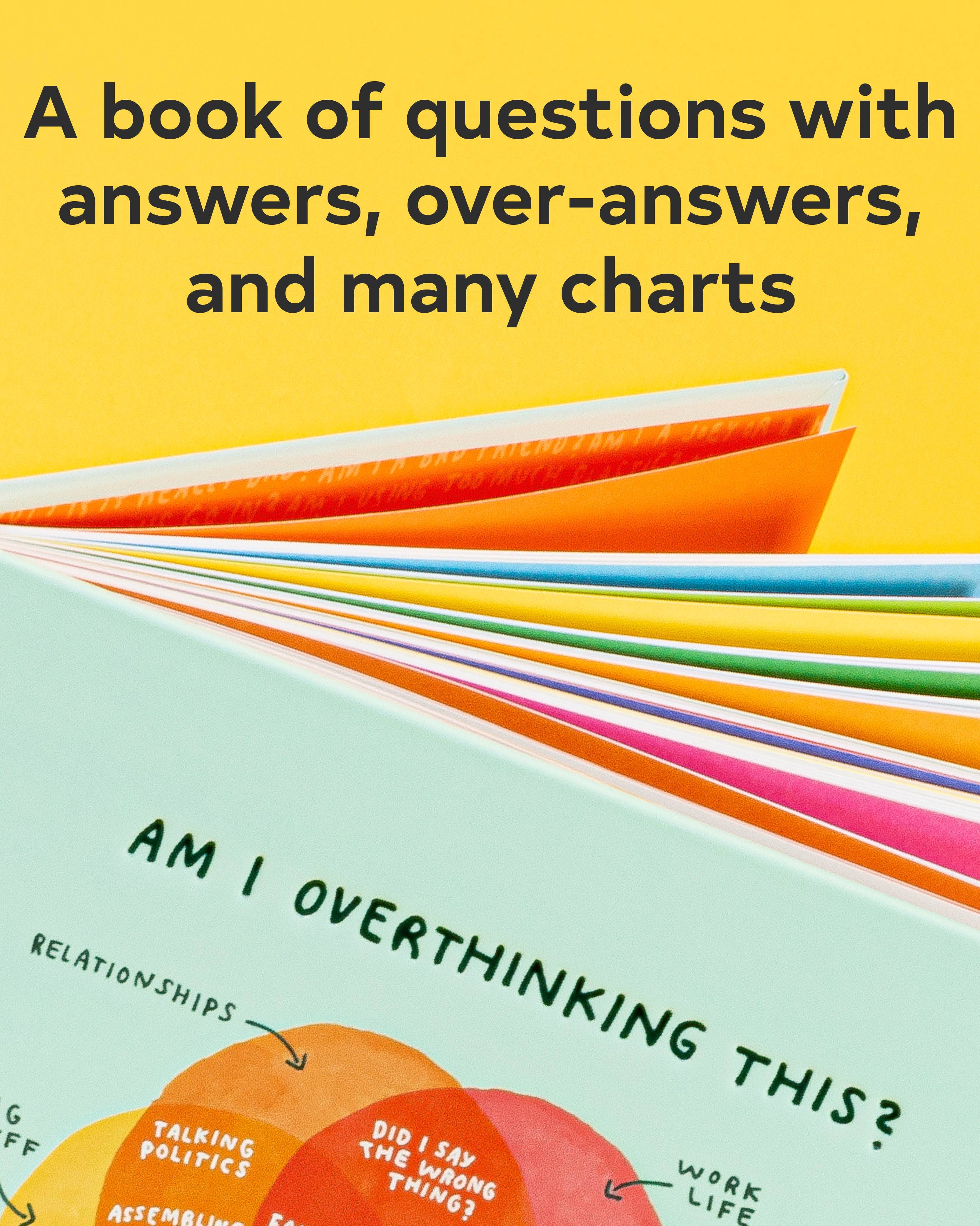 Open book with colorful pages on a yellow background, featuring text about questions and answers.