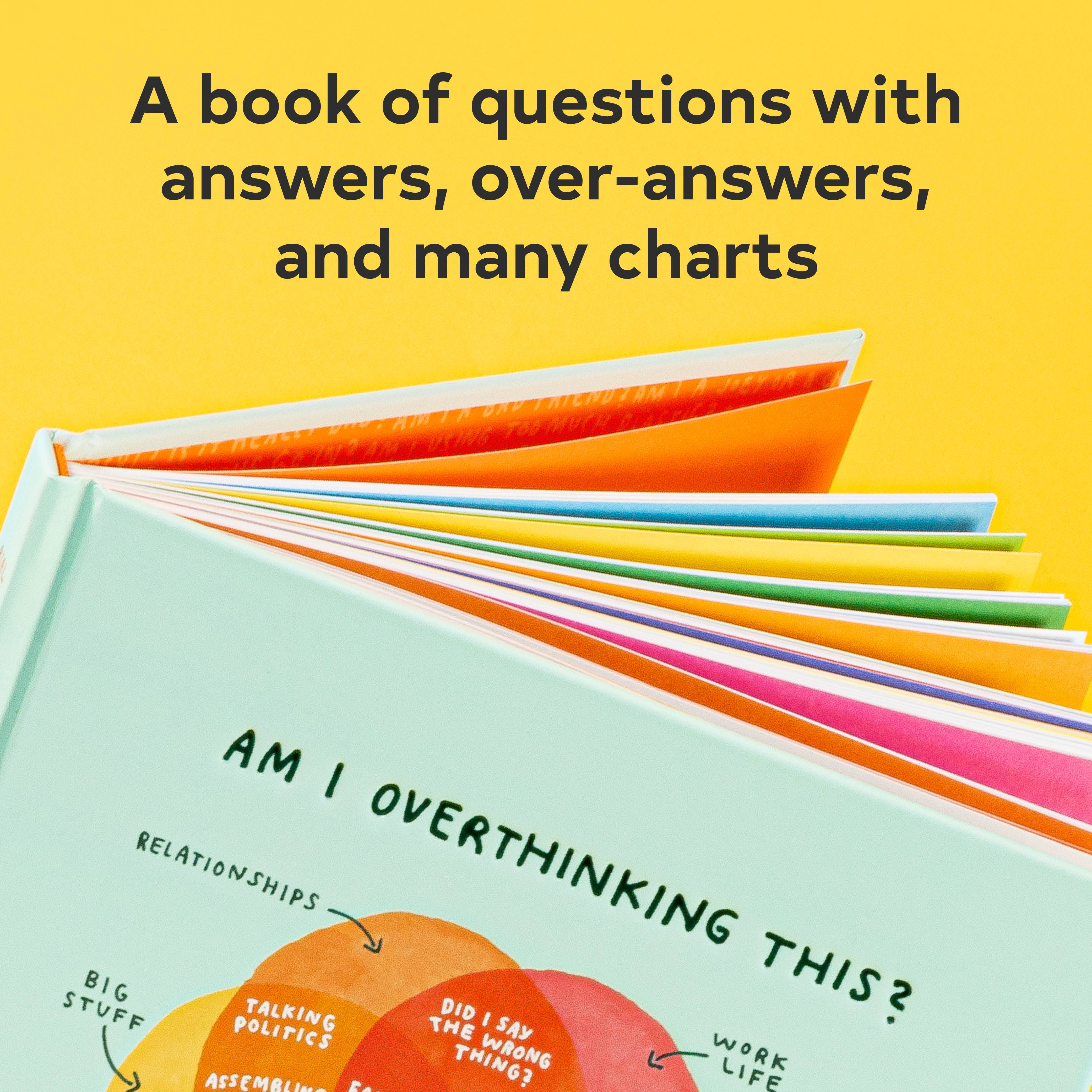 Open book with colorful pages on a yellow background, featuring text about questions and answers.