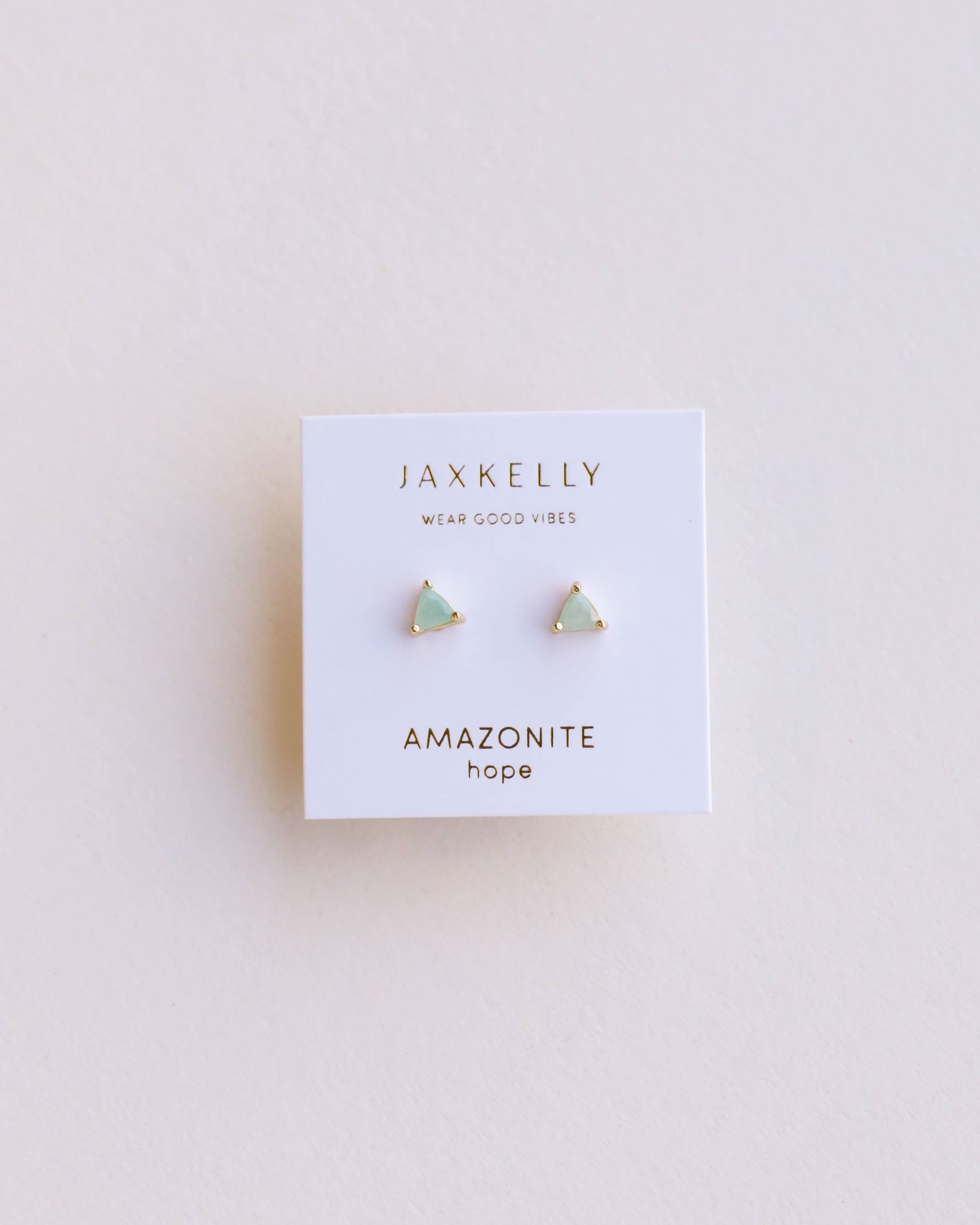 Jaxkelly Amazonite trangle earrings on a white card with a light gray background