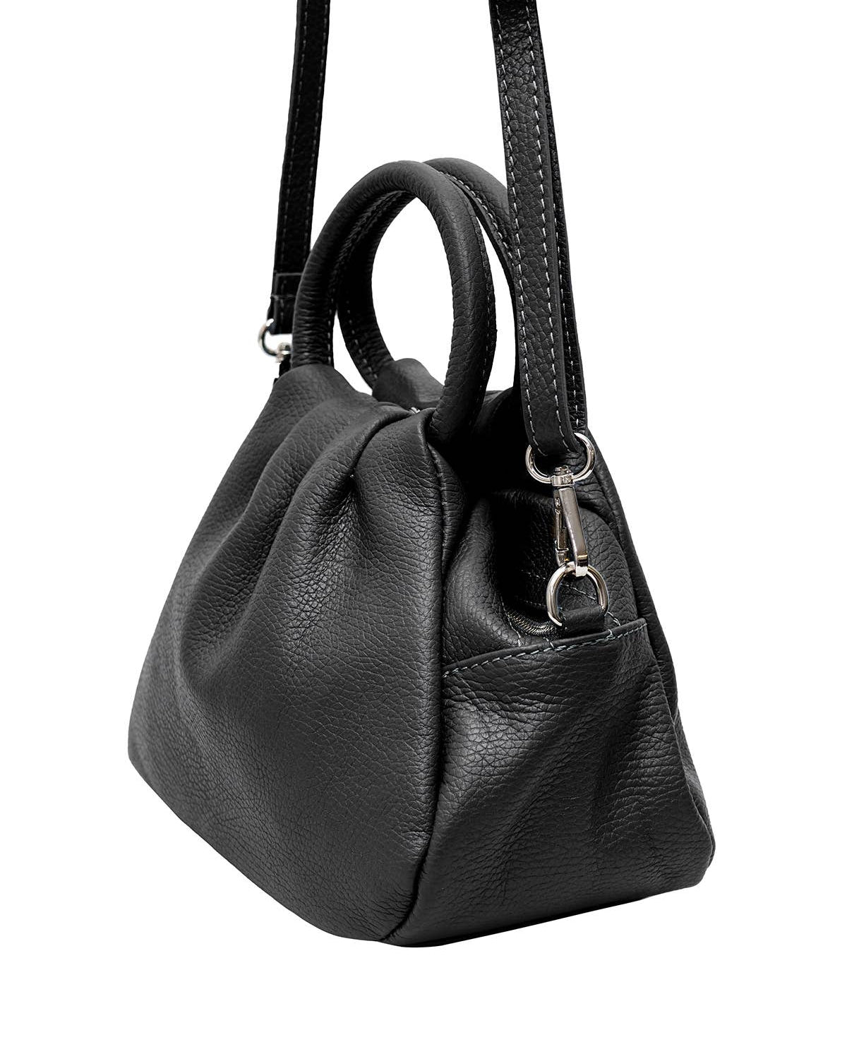 Black leather handbag with a shoulder strap on a white background