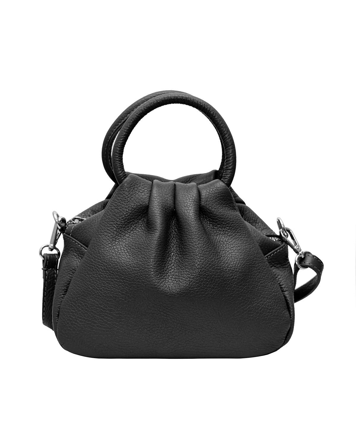 Ayla Leather Bag Black handbag with a circular handle on a white background