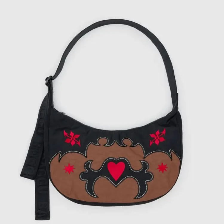 Brown and black western nylon, medium sized crescent bag with red heart in the middle