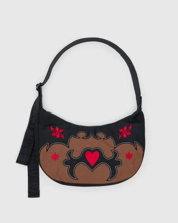 Brown and black western nylon, medium sized crescent bag with red heart in the middle