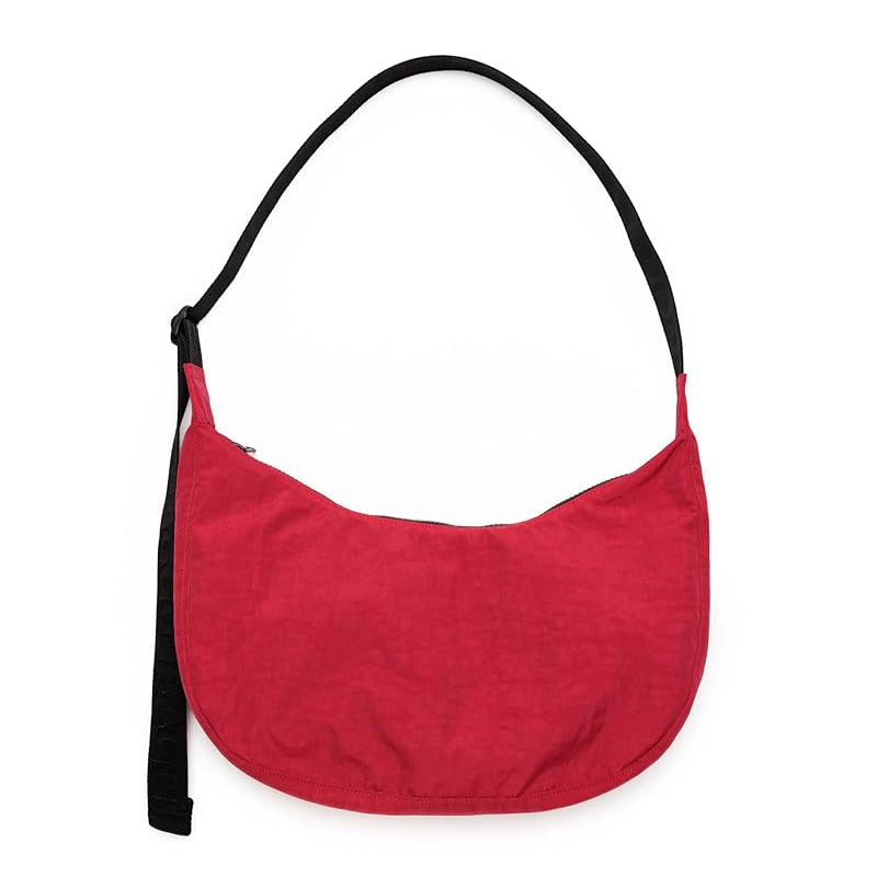 Red shoulder bag with a black strap