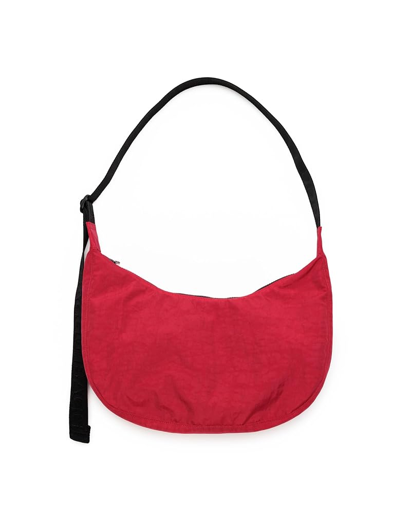 Red shoulder bag with a black strap
