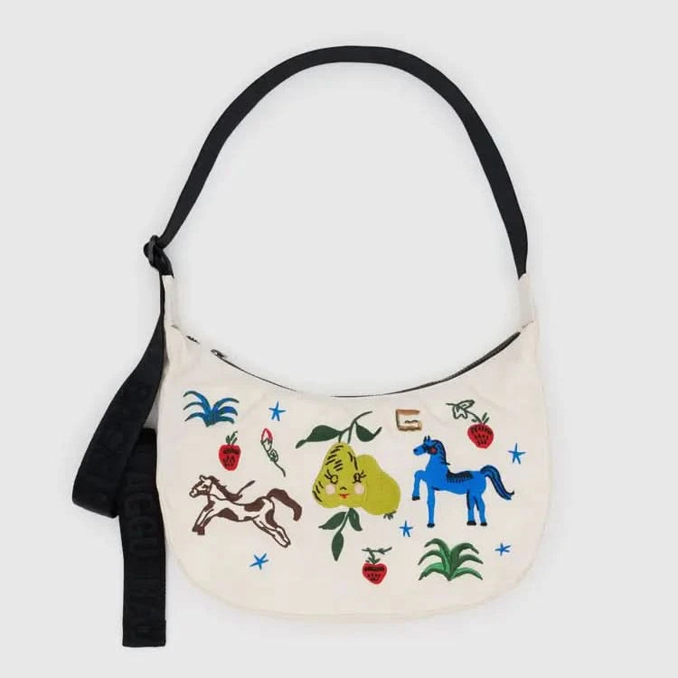 Cream white medium nylon crescent baggu bag with colorful designs