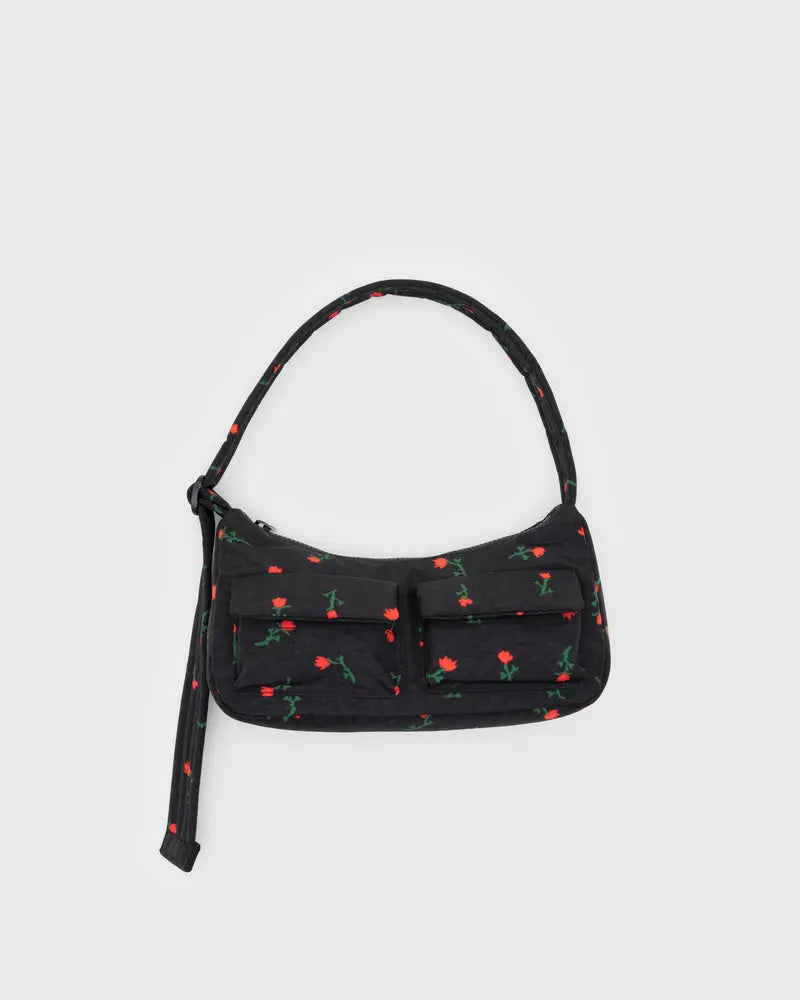 Black handbag with red floral pattern