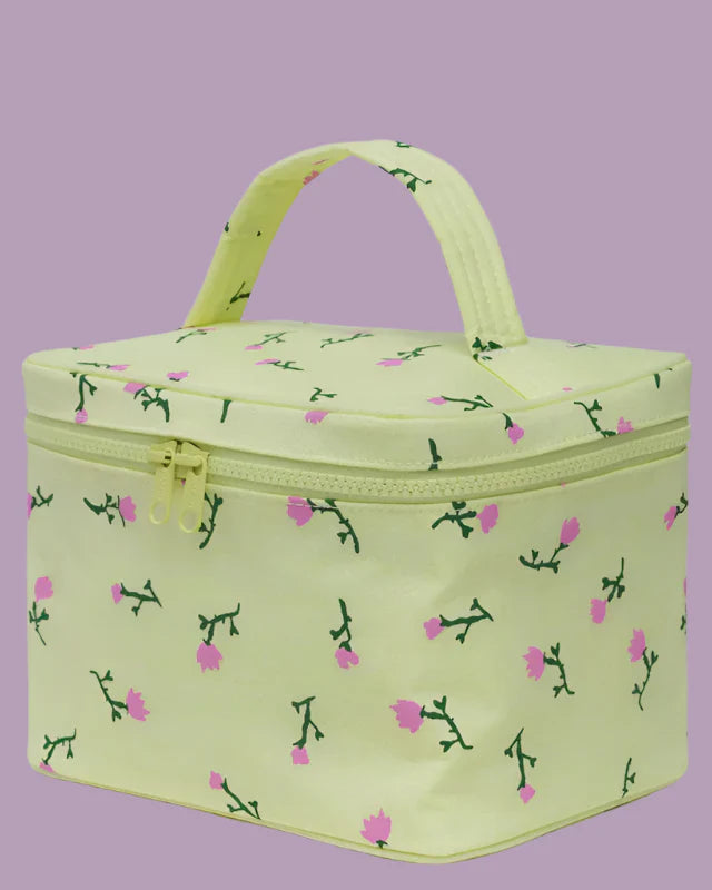 BAGGU Large Cosmetic Case - Light green makeup bag with floral pattern
